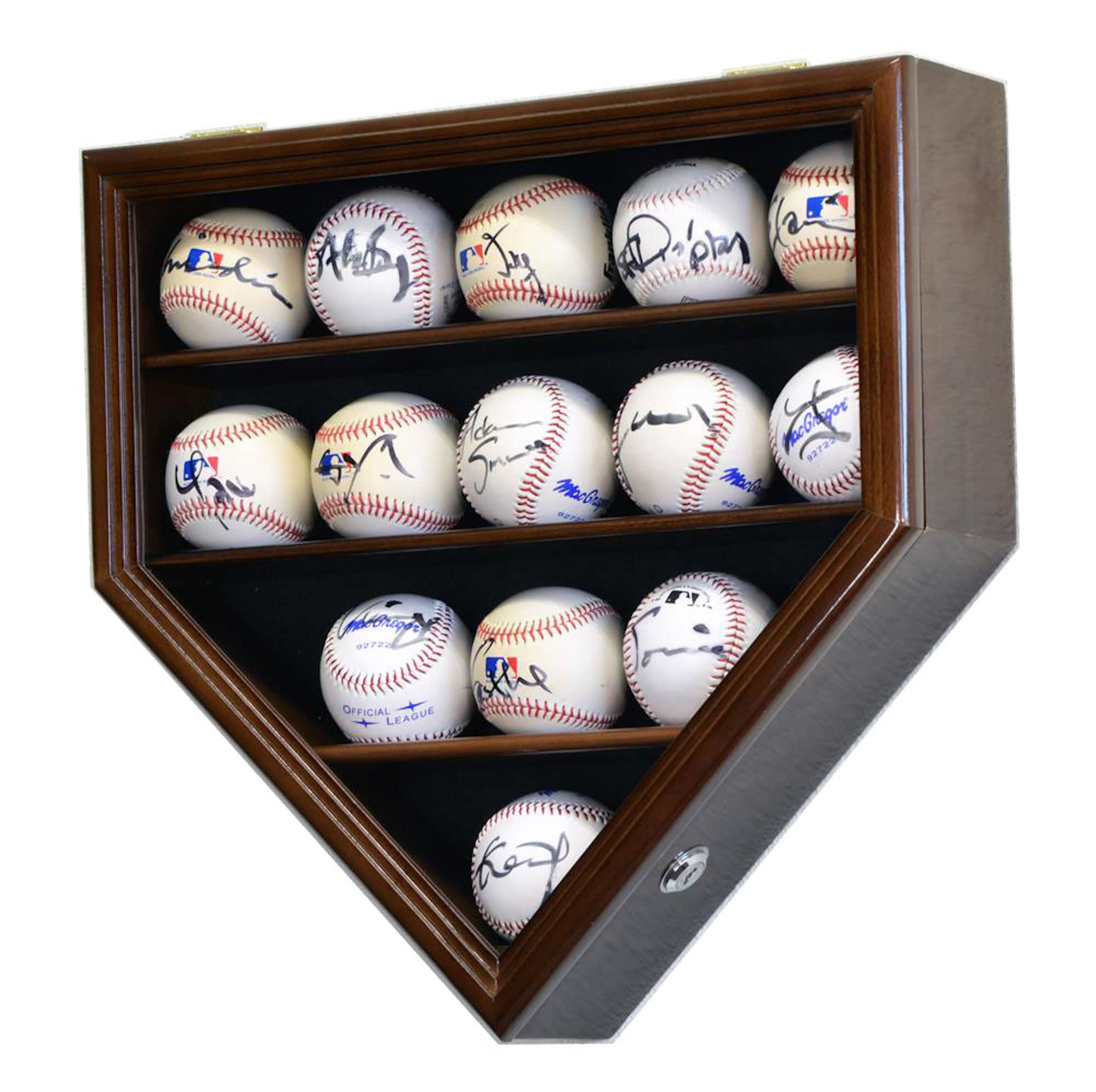 14 Baseball Ball Display Case Cabinet - Home Plate Shaped (Walnut)