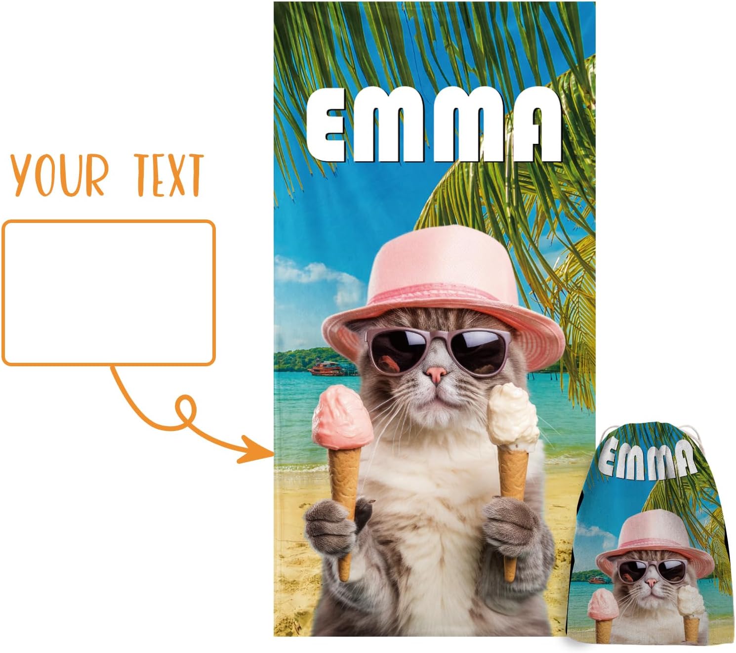 Personalized Beach Towel with Bag - Custom Name with Animal Selfies Design - Oversized Soft Absorbent Microfiber Bath Pool Towels for Baby Kids Adults Boys Girls Gifts Color03-Cat