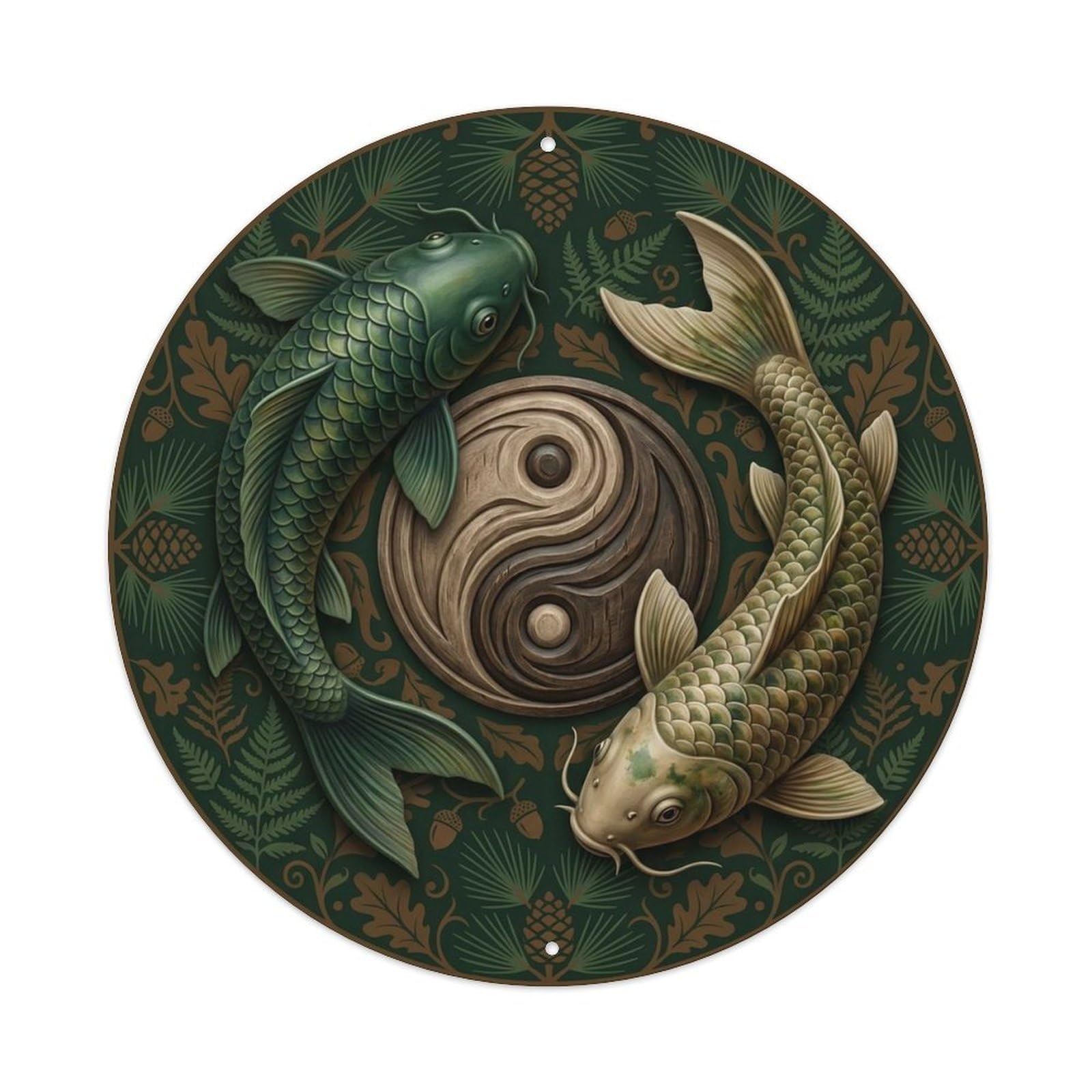 Olyhtr 8X8inch Classic Style Yin Yang Koi Garden Pine Meditation Classic Metal Tin Sign