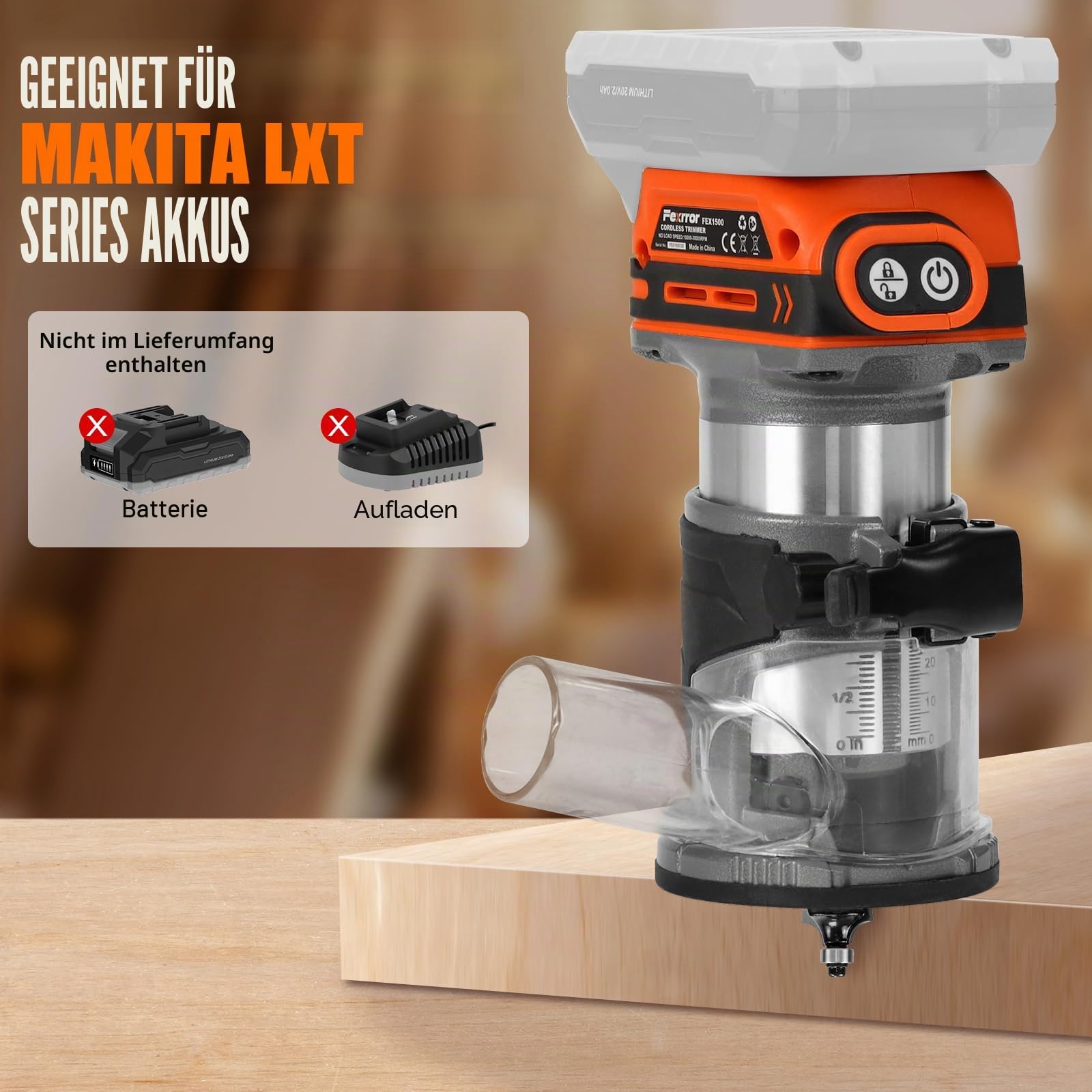 Akku Oberfräse für Makita 18V, Brushless Akku Kantenfräse mit 3 Spannzangen (1/4", 6 mm und 8 mm), 30.000 U/min, 5 Fräser (no Akku)
