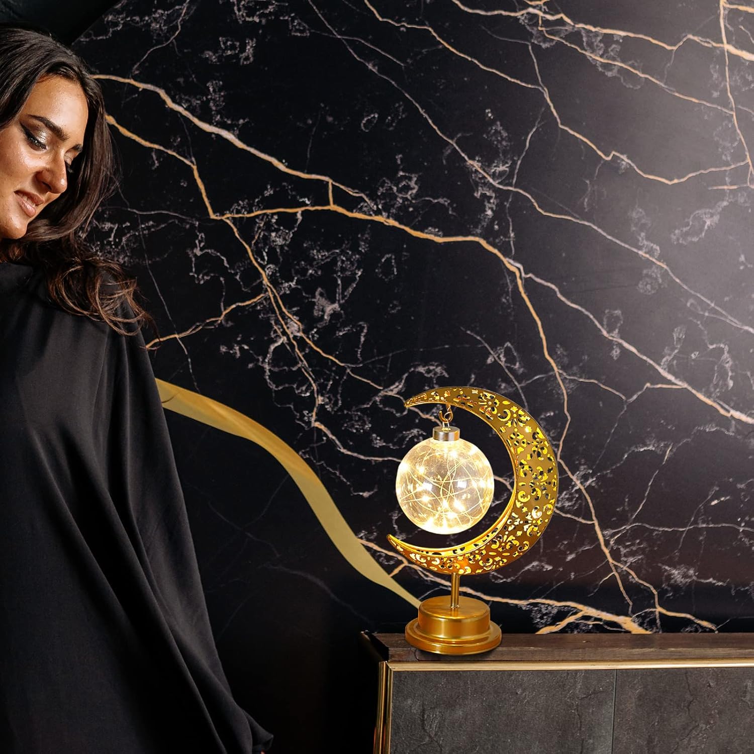 NFNSIG Vintage Moon Star Table Lamp, Metal Frame Ramadan Desk Lamp Battery Powered Mosaic Crescent Bohemian Handmade Bedside Light for Living Room, Bedroom