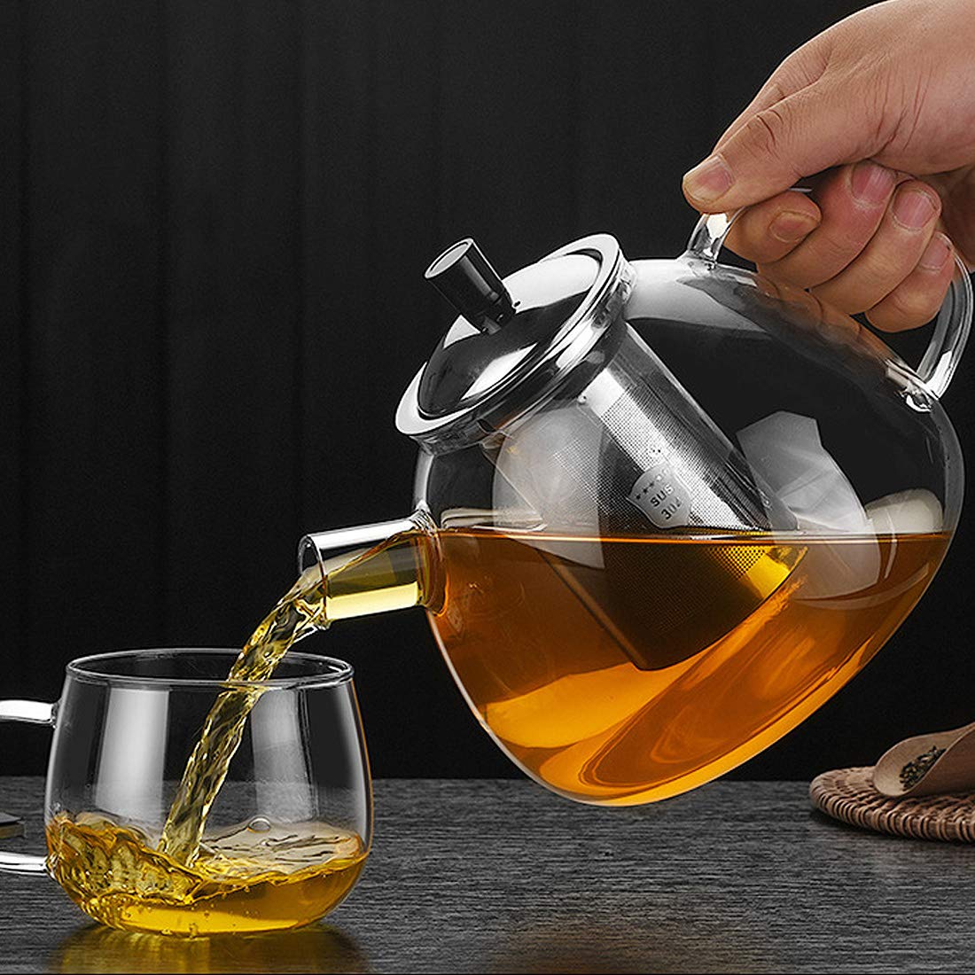 CANDeal 1500ml Teekanne Glas Borosilikatglas Teebereiter mit 18/10 Edelstahl Stövchen Abnehmbare Sieb Rostfrei Hitzebeständig für schwarzen Tee grüner Tee Fruchttee duftender Tee und Teebeutel