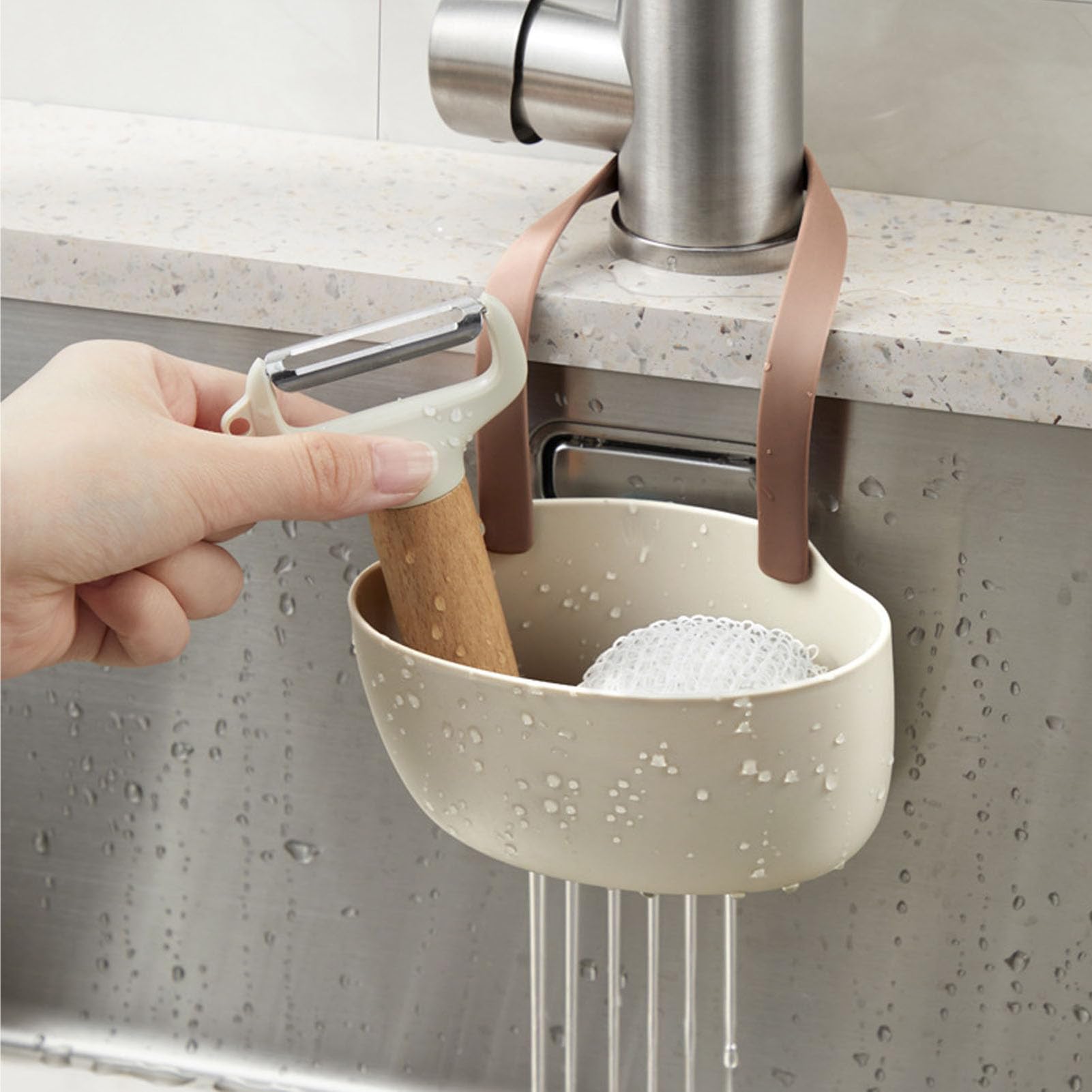 Kitchen Drain Rack, Hanging Basket, Sink Hanging Sponge Holder, TPR Removable Straps for Kitchen (Coffee)
