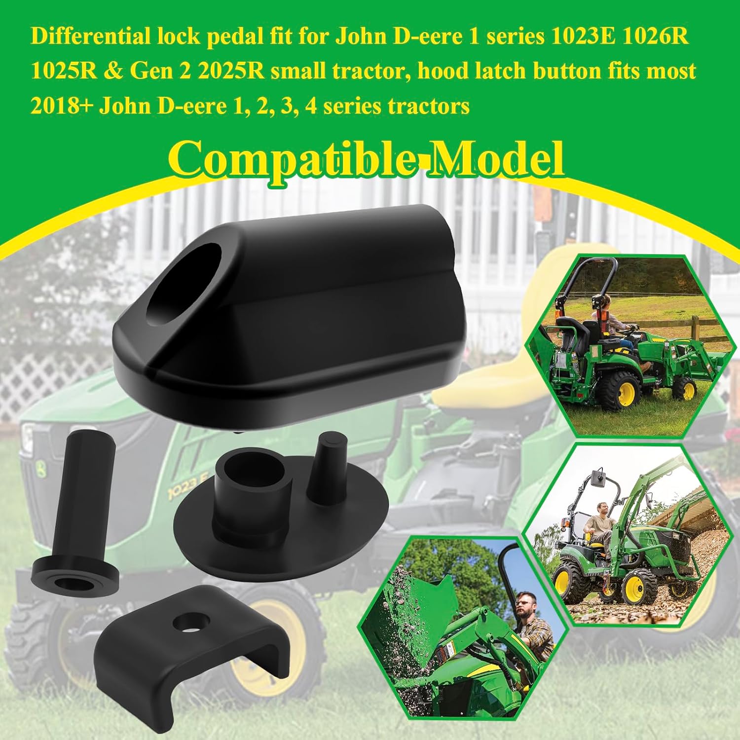 Differential Lock Pedal W/Hood Latch Button, 3 Point Stop Height Slider fits 1/2'' Differential Lock Shaft, Fit for John D-eere 1 Series 1023E 1026R 1025R & Gen 2 2025R Subcompact Tractor