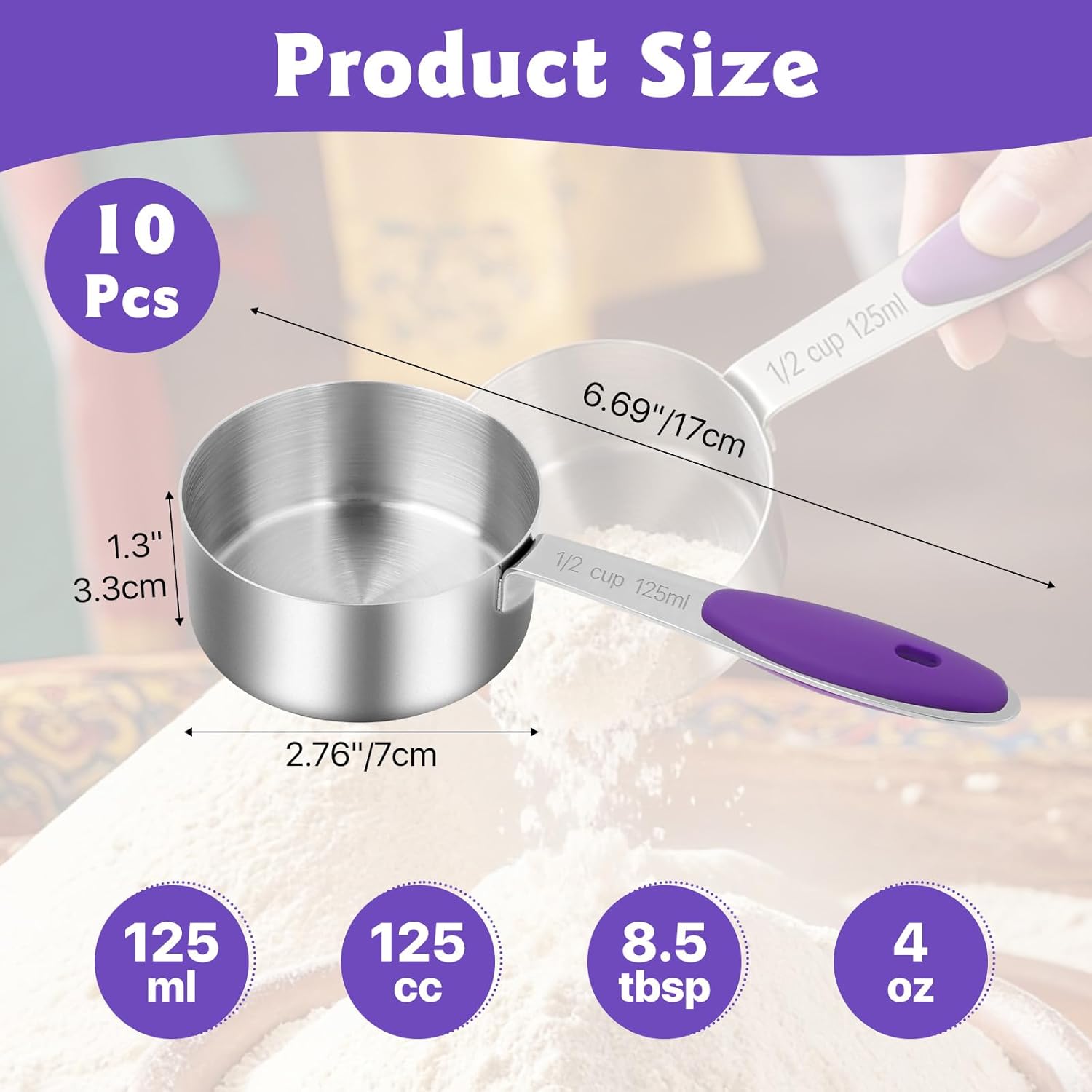 10 Pcs 1/2 Measuring Cup, 4 Oz Stainless Steel Scoop with Silicone Handle, Metal Mini Measuring Scoops Kitchen Gadgets for Cooking Baking,Coffee Bean Pet Food,Ingredients,Purple