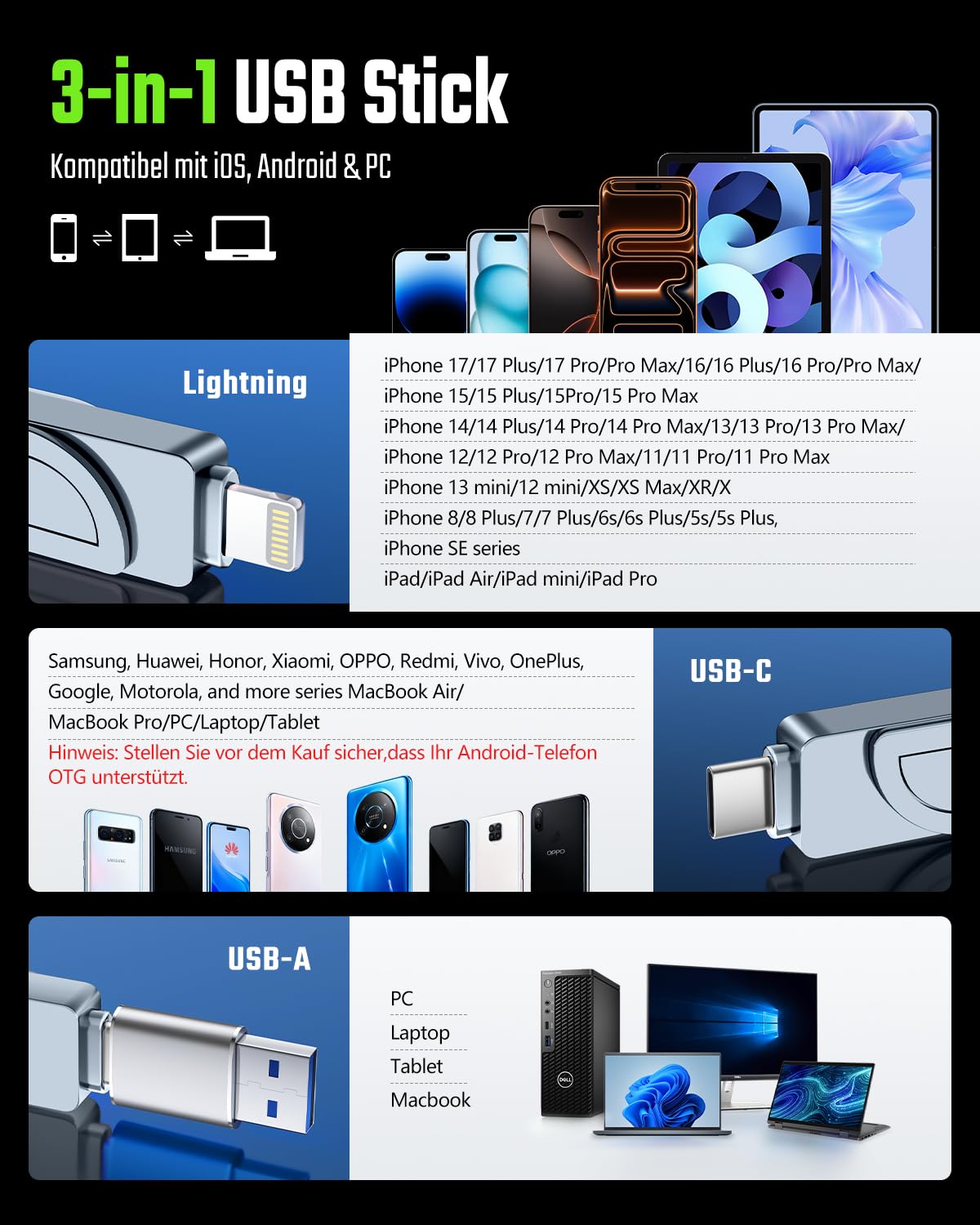 [Ohne App] USB Stick 512GB für iPhone, MFi USB C Stick,Lightning,USB-A | 3-in-1 Speicherstick für iPhone,iPad,OTG Android Handy,Mac,PC,USB 3.0 Flash Drive Externer Speicher für Fotos,Videos,Dateien