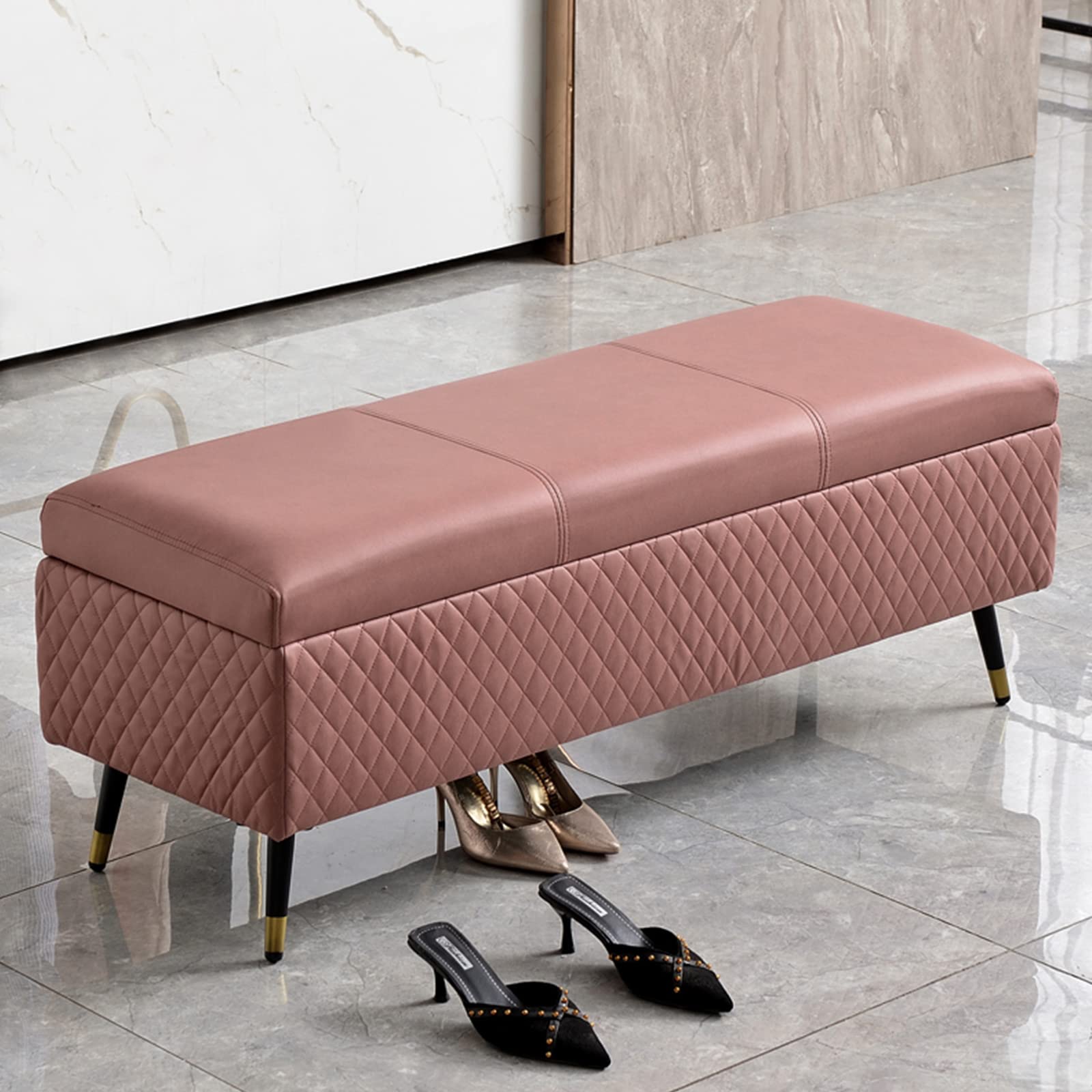 Ottoman rectangulaire rembourré rose, tabouret coffre de rangement en bois et similicuir