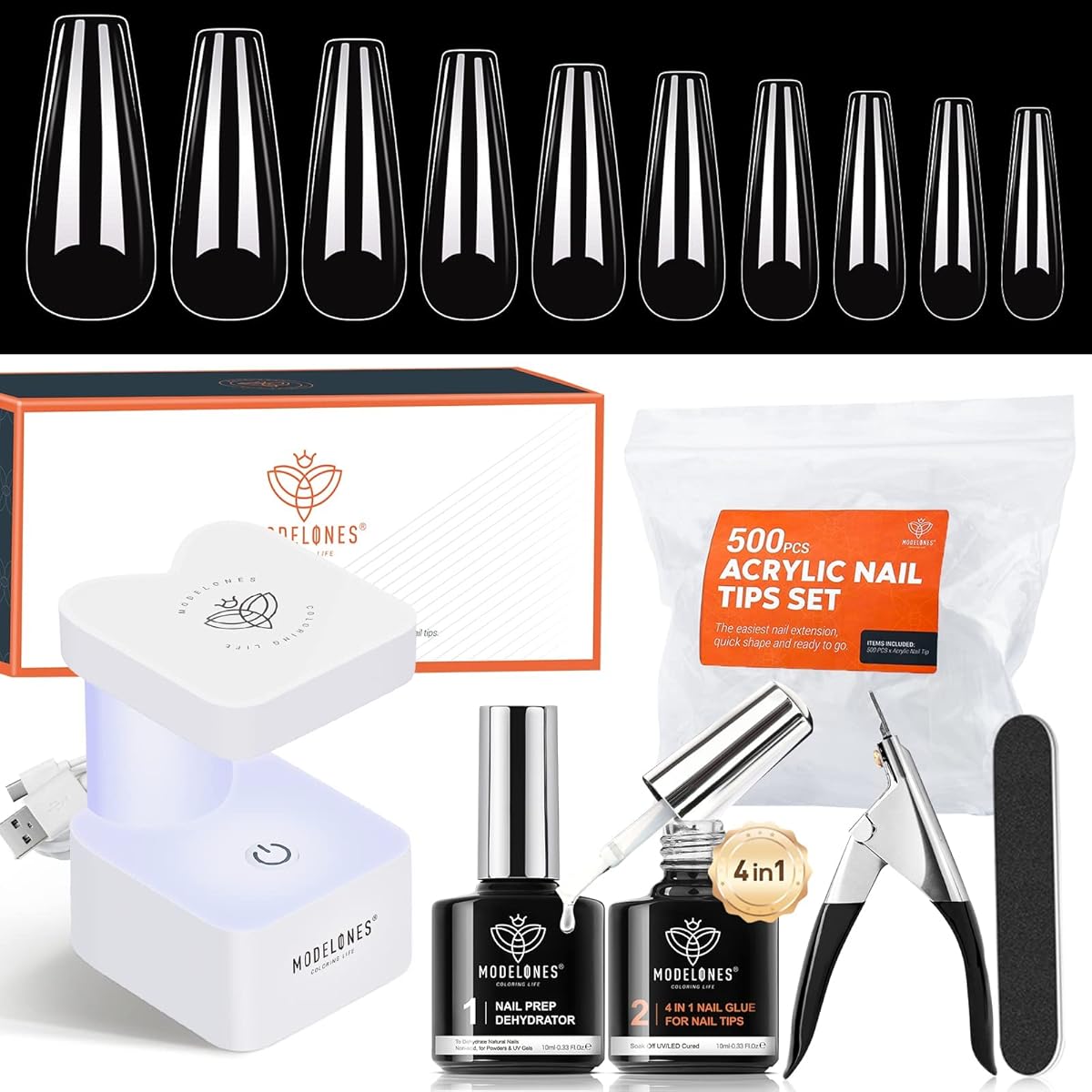 Modelones Nail Tips and Glue Gel Kit, Gel x Nail Kit 4 in 1 Nail Glue Gel, Ultra-Portable LED Nail Lamp, with 500Pcs Coffin Nail, Nail Prep Dehydrate, and DIY Nail Art Tools Gel Nail Extension Set