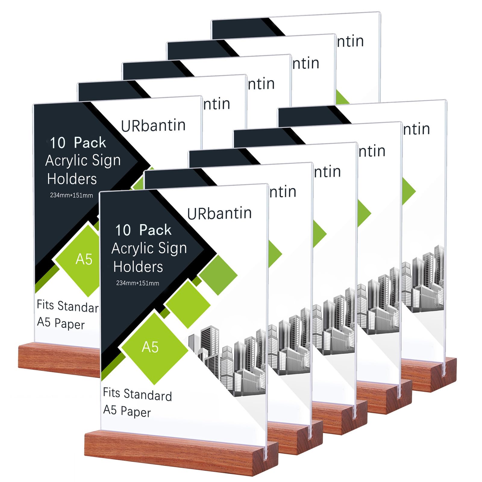 URbantin A5 Acrylic Sign Holder,10 Pack Clear Display Stands (Wood Base)