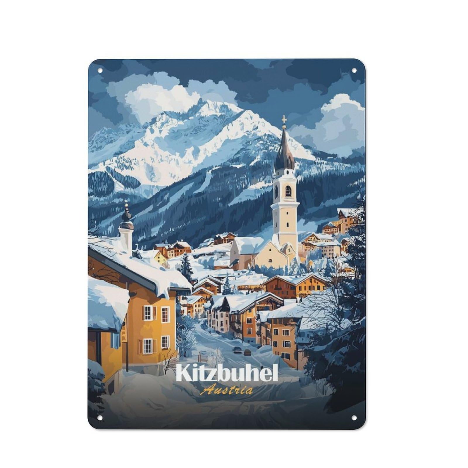 Junmoney Style-23 Tin Wall Plaque 40X30cm With Kitzbuhel Austria Winter Village For Garage Wall, With Clear Vintage Wall Decor Character