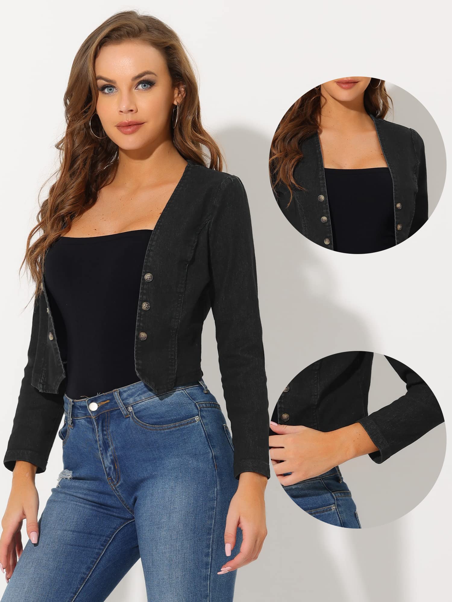 Allegra K Giacche in Denim per Donna senza Colletto Cardigan in Jeans Corto Doppiopetto Aperto Sul Davanti