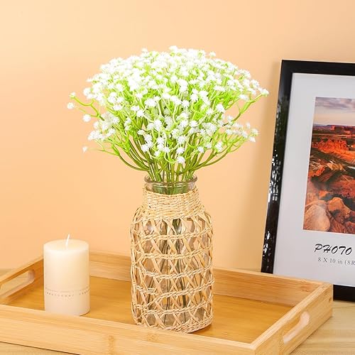 Miniatura 8 de Cabilock Jarrón de ratán tejido para flores, contenedor decorativo para arreglos florales, jarrón floral de vidrio de caña de estilo bohemio,