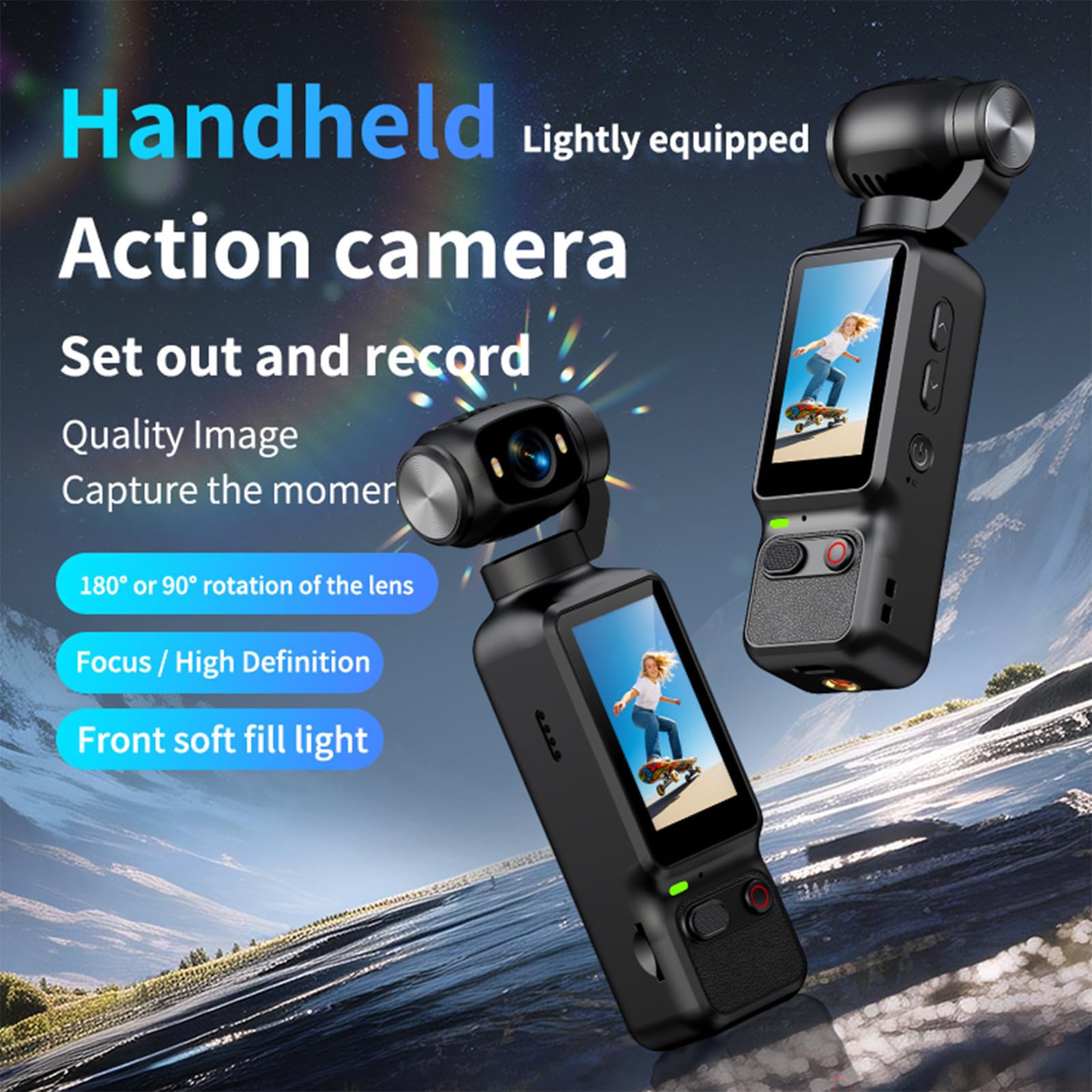 Videocamera per vlogging 4K HD da 1,97 pollici, videocamera gimbal tascabile portatile, riprese multi-angolo a 180° per ciclismo, viaggi, sport, equitazione e attività all'aperto,Black-134*42*31mm