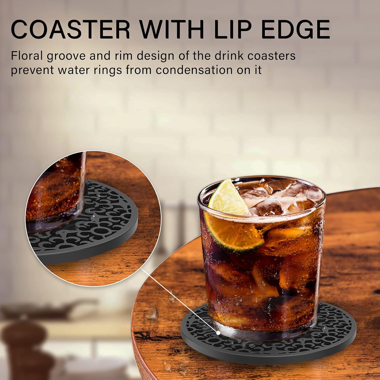 Coasters for Drinks, Coasters for Coffee Table, Set of 6 Silicone Furniture Tabletop Protection Coaster for Wooden Table, Coffee Table, Outdoor Patio Table, Glass, Marble, Farmhouse (Floral Black)