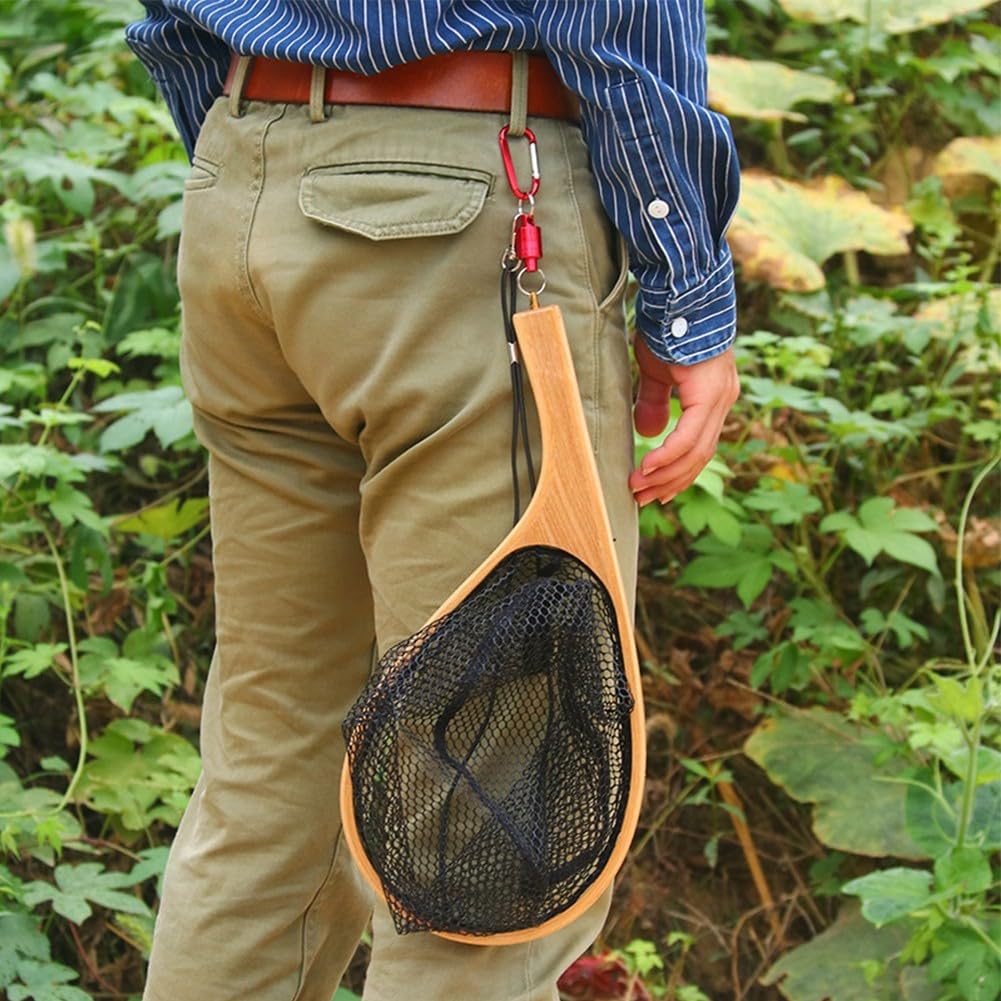 Red de pesca con mosca, mango de madera, malla negra, 38 cm