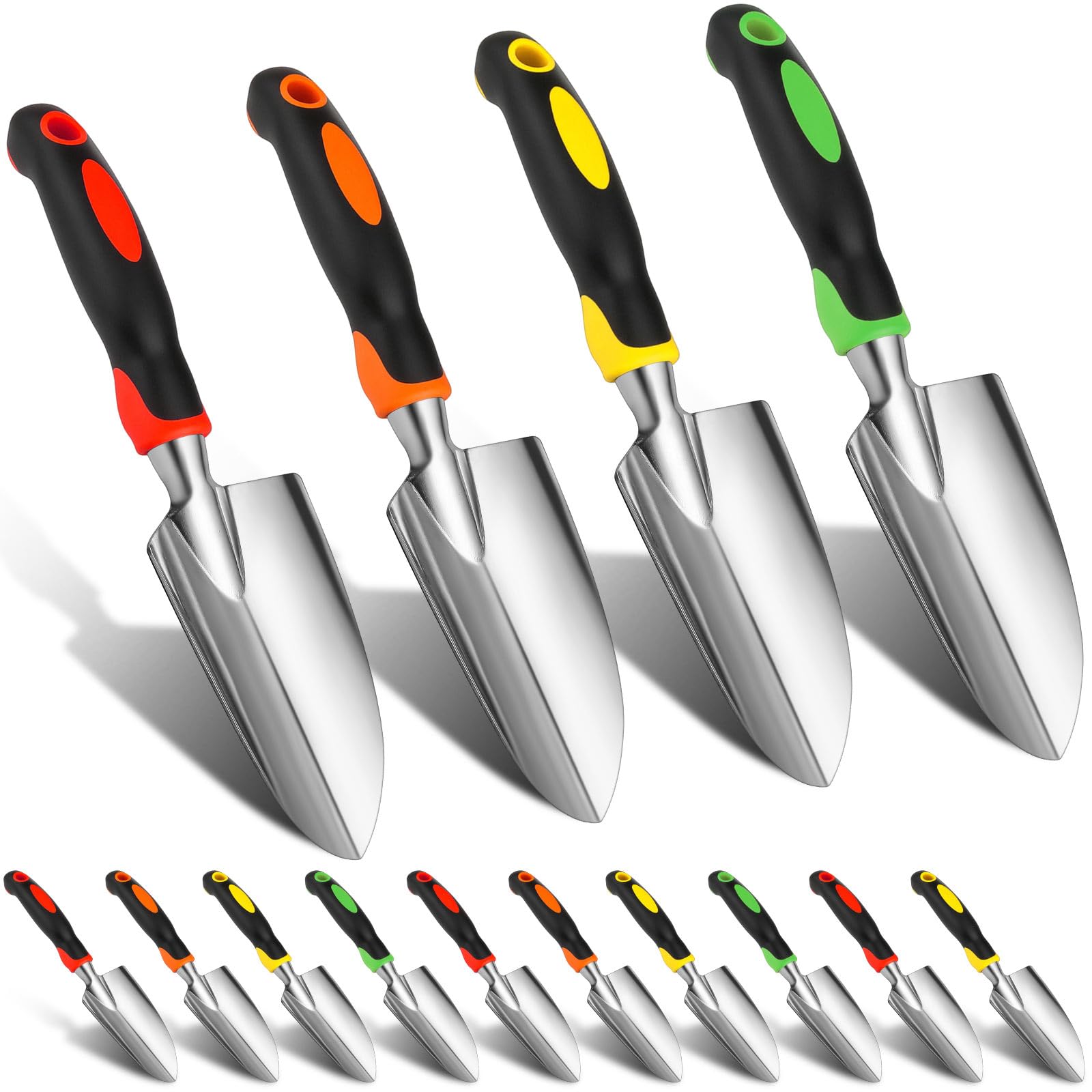 Yaocom 12 pala da giardino in lega di alluminio resistente, piccole pale da scavo in metallo, con manico morbido, per giardino, prato, cortile (pala larga, giallo, verde, arancione, rosso)