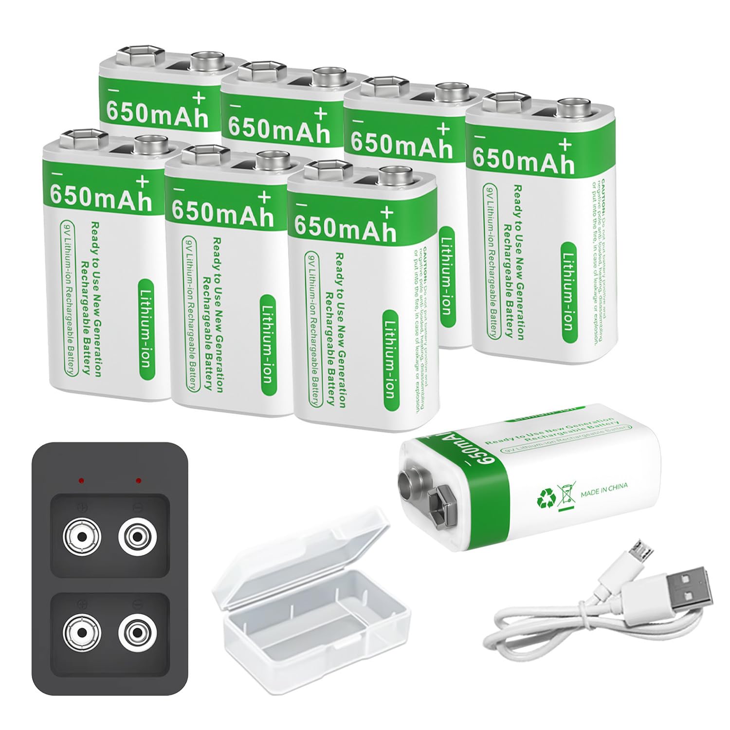 Pilas Recargables de 9V con Cargador y Cable USB, Pila Litio Recargable 650mAh (5850mWh) para Detector Humo, Multímetro, Mando a Distancia, Micrófono Inalámbrico, Guitarra Eléctrica (8 Pcs)