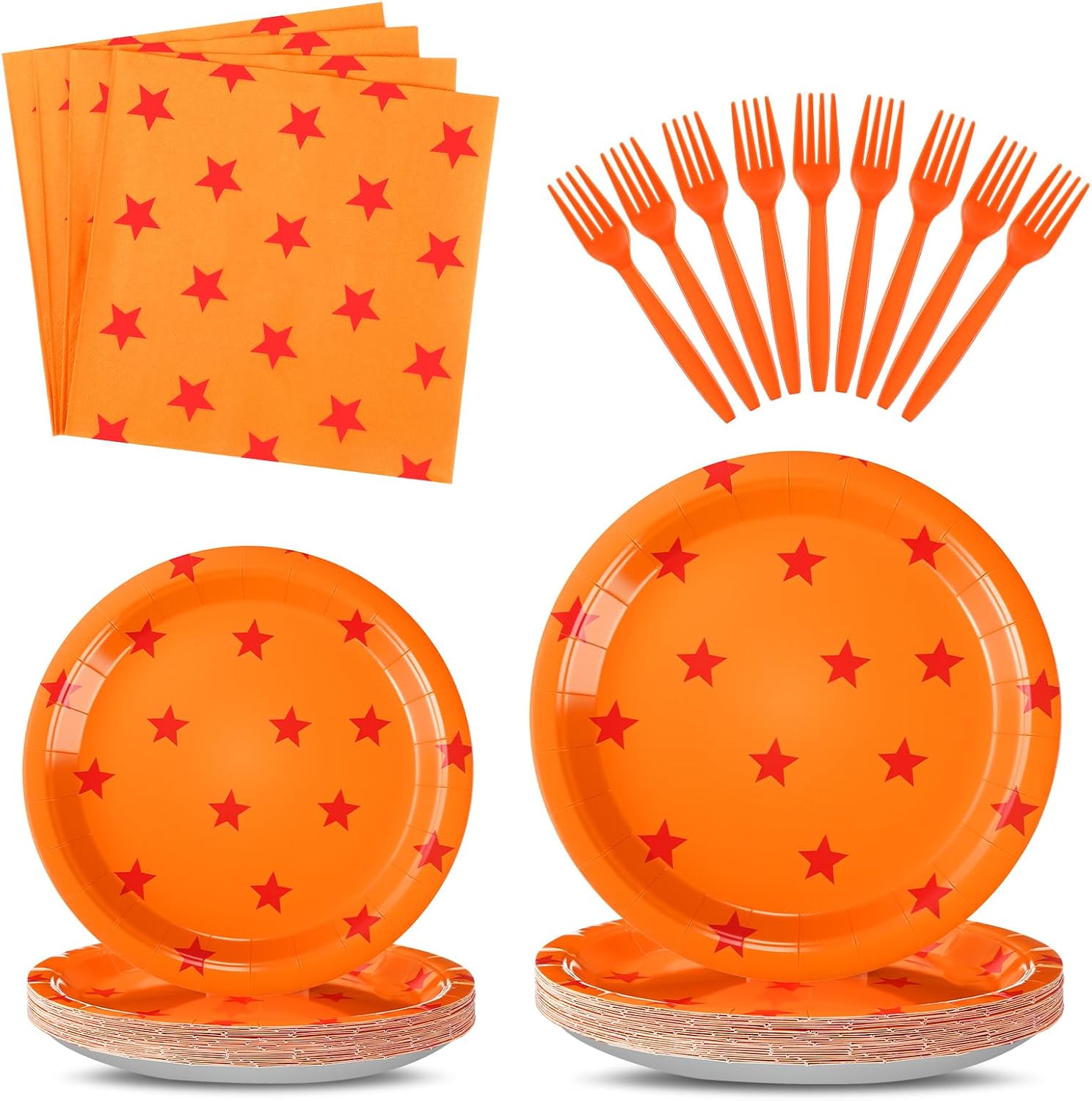 Oudain 96 Pcs Anime Paper Plates Napkins Forks Orange Red Stars 24 Sets