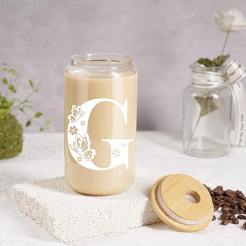 Miniatura 3 de Fairy's Gift Taza de café de cristal con inicial con pajita, vaso de café helado de mariposa, tazas de vidrio lindas de 16 onzas, regalos de taza