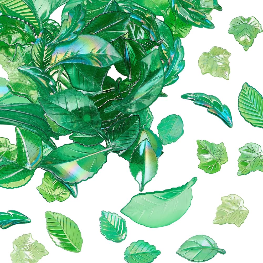 BEAMARKER 100G Green Leaf Bead Charms Transparent Acrylic Maple Leaves Pendants AB Color Plated Spring Plant Beads with Holes for DIY Jewelry Making Earrings Necklace Bracelet Keychain Crafts