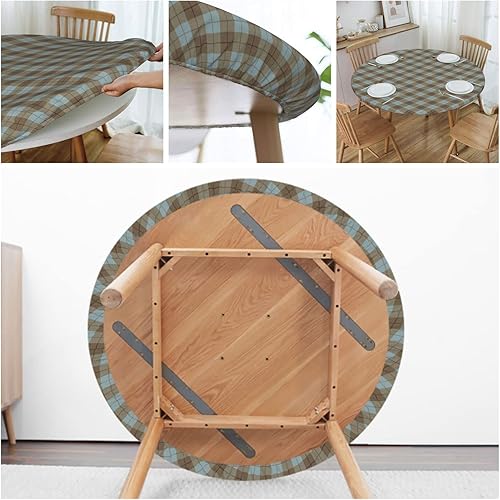 Miniatura 5 de Mantel redondo a cuadros marrones, para interiores, cocina, comedor o exterior, impermeable y lavable, mantel redondo ajustable con bordes
