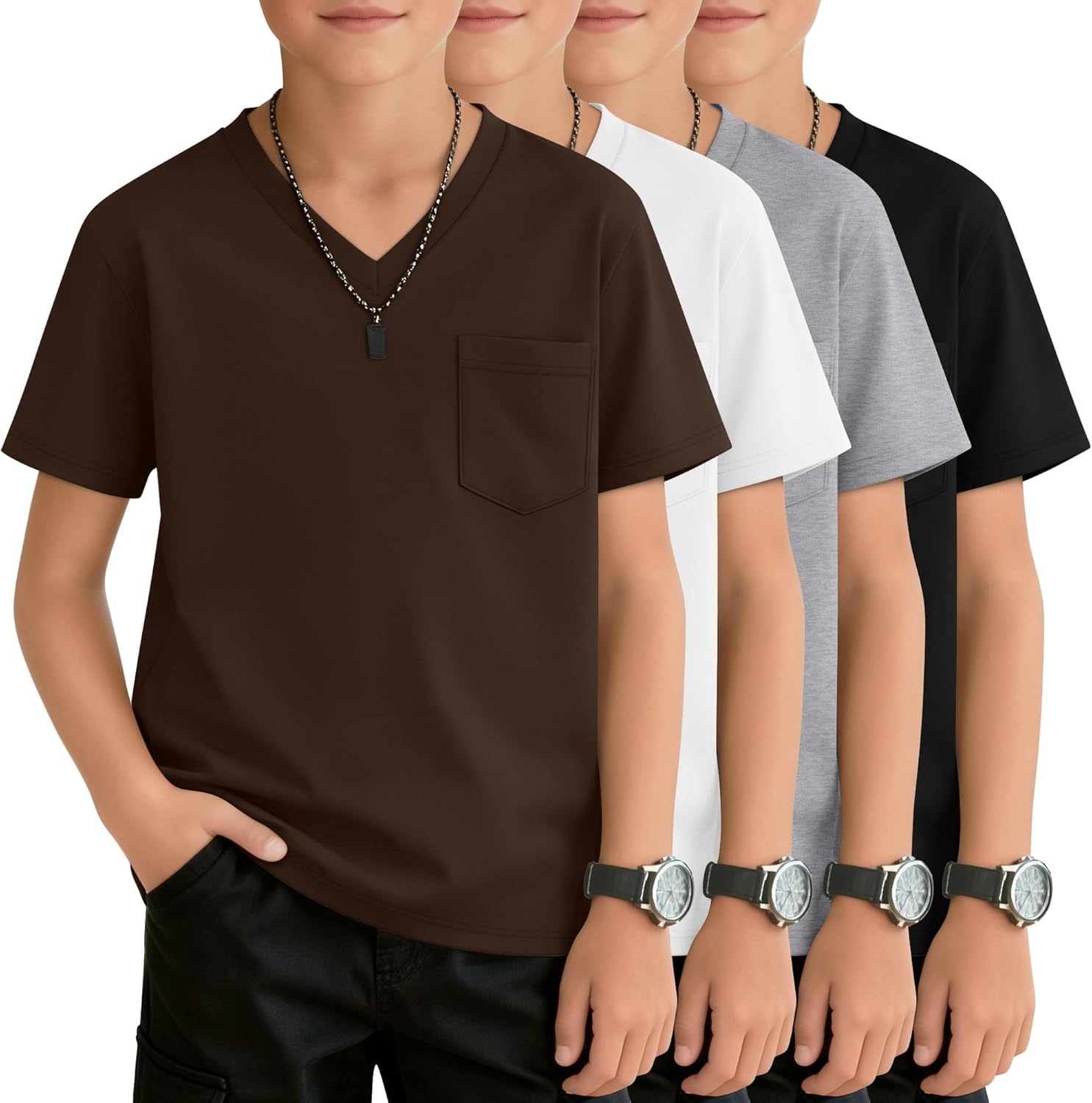 4 Pack Boys' Short Sleeve T-Shirts Pocket V Neck Loose Fit Tops Tween Kids Casual Solid Summer Basic Tees 5-14 Years