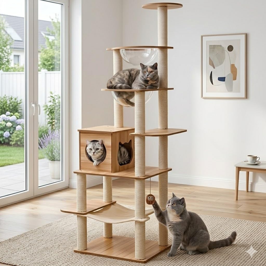 Tiragraffi per gatti 193 cm - 16 Tiragraffi grande - Amaca - 2 Cabine trasparenti - Giocattoli per gatti, Piattaforme di peluche.(KT1154)