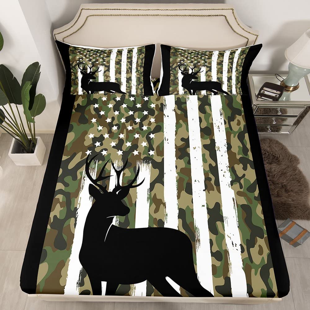 Erosebridal Camo American Flag Bed Sheets Full Size,Black Deer Silhouette Sheet Set Natural Style Flat Sheet with 2 Pillowcases,USA Flag Green Camouflage Fitted Sheet for Kids Boys Home Bedroom
