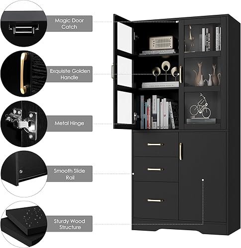 Miniatura 7 de HIFIT Tall Display Storage Cabinet with HD Glass Doors & Shelves, 67" Tall Bookcase and Bookshelf with 3 Drawers, Modern Glass China Cabinet for