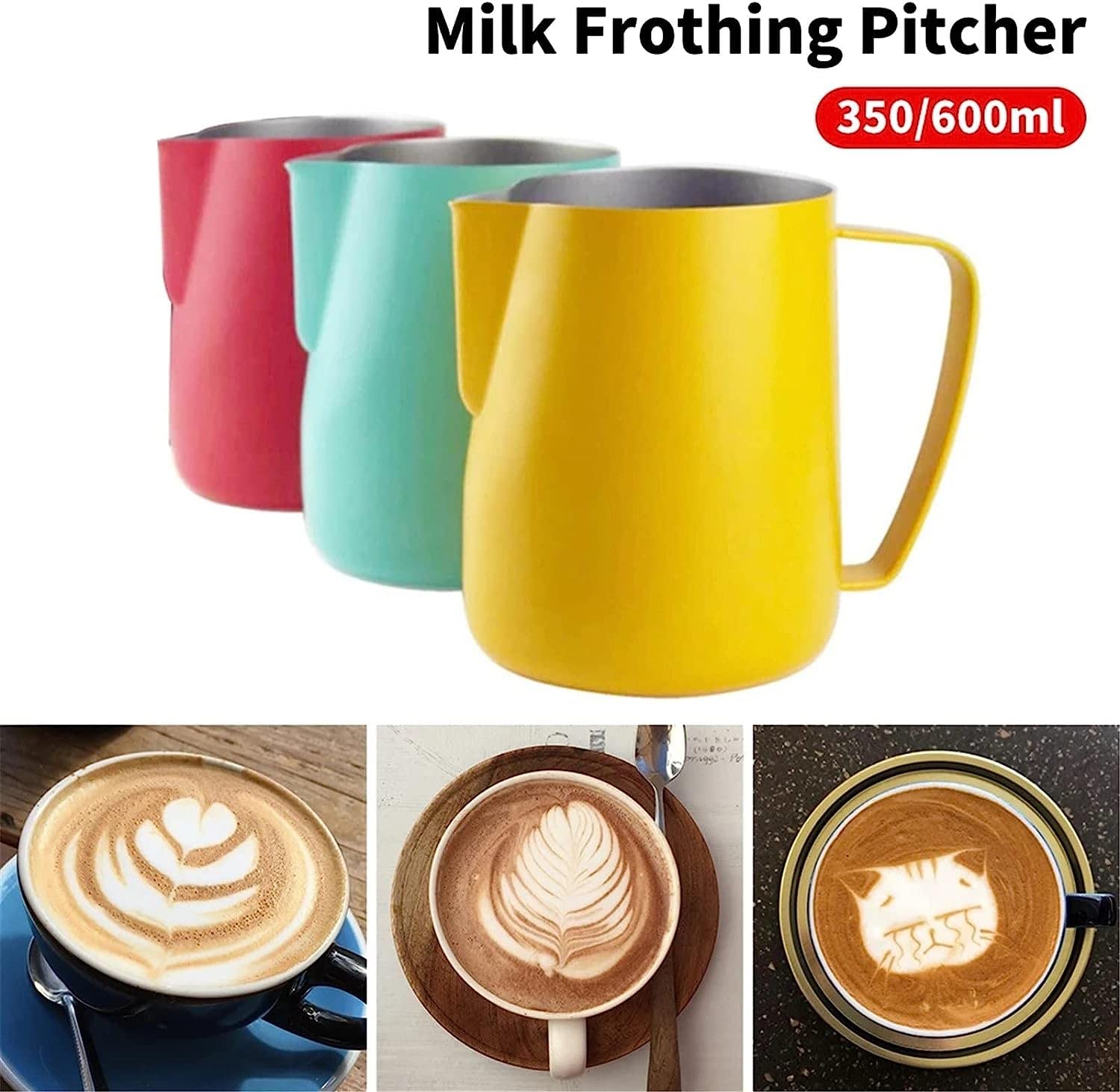 Dzbanek do spieniania mleka, 350/600 ml, kubek, Espresso, para, kawa, Barista, Latte, Cappuccino, dzbanek(Yellow)