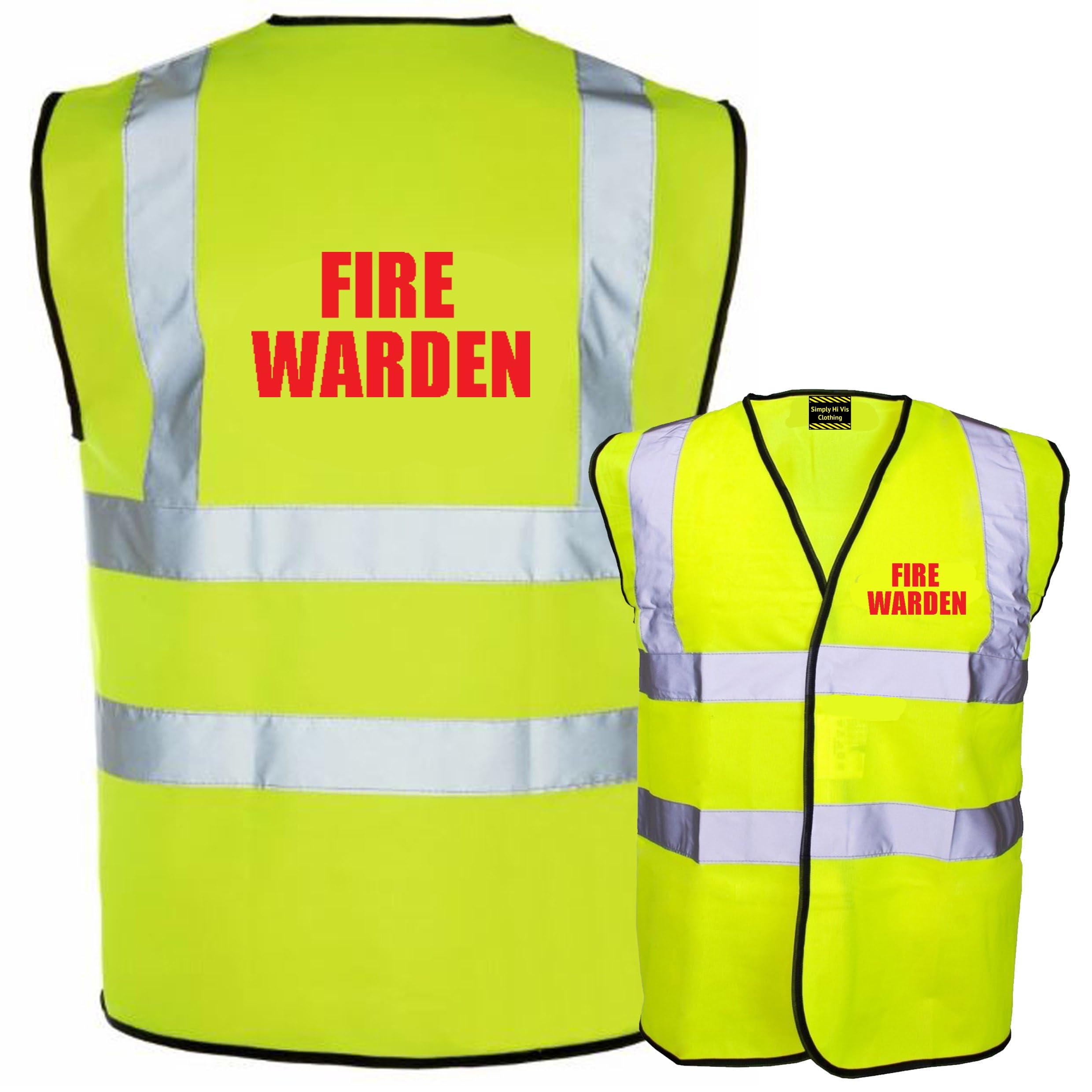 Pack of 10 Fire Warden Printed in Red Text, Yellow Hi Vis Safety Vest High Viz Waistcoat Supplied by Simply Hi Vis Clothing UK.