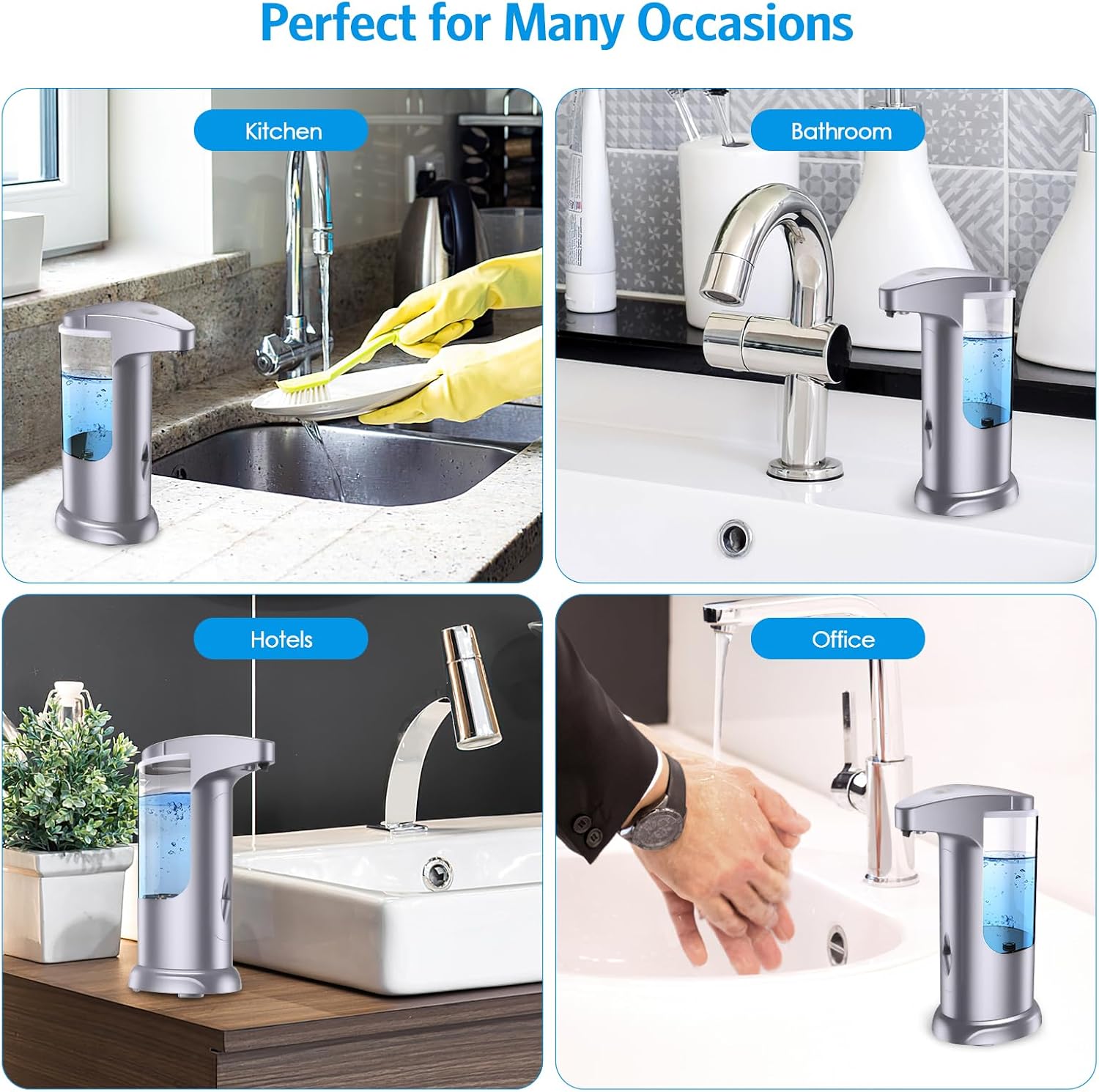 AMIR 12.5oz Touchless Automatic Soap Dispenser, Battery Operated Automatic Liquid Hand Soap Dispenser, Adjustable Volume, Water-Resistant for Kitchen and Bathroom