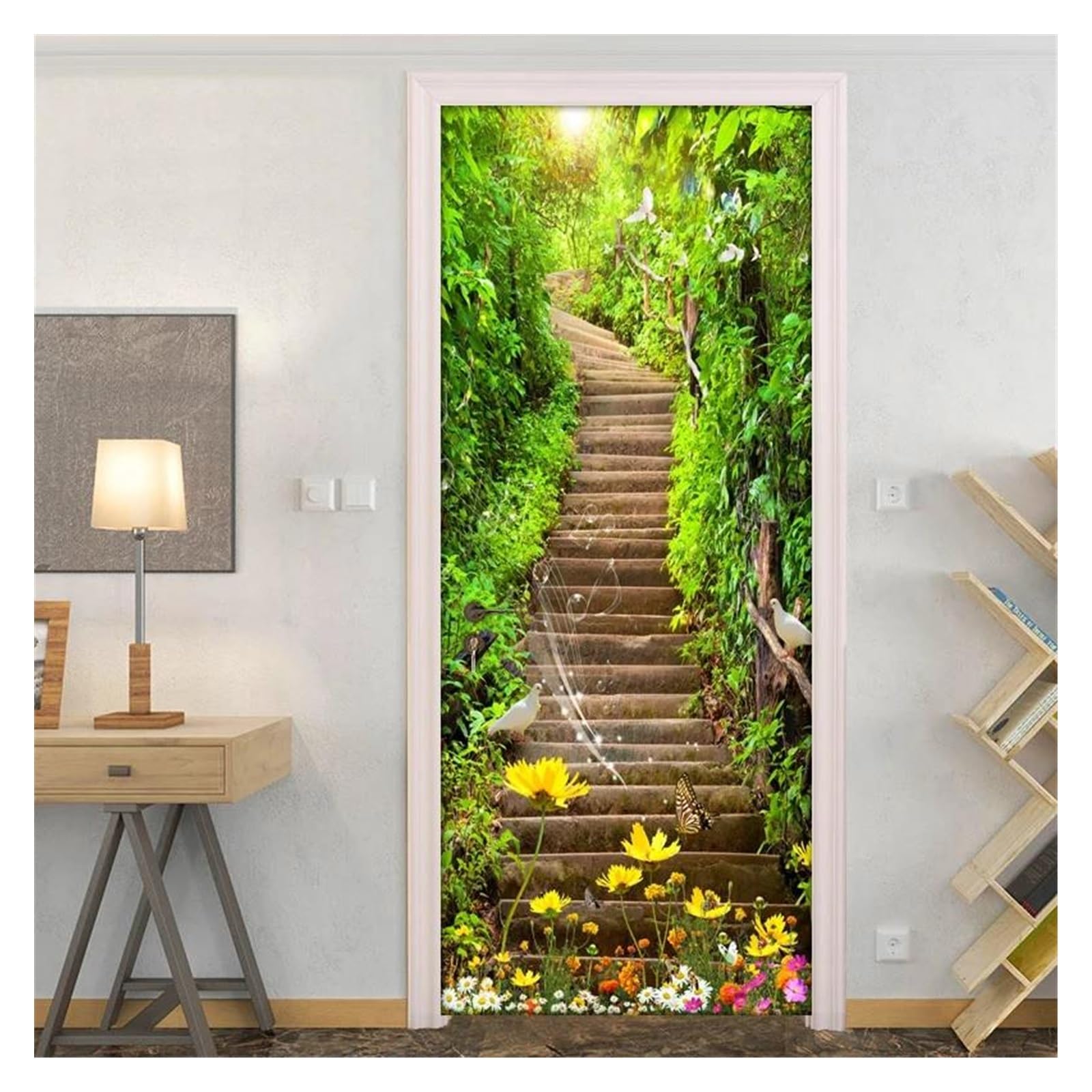 Papier peint autocollant mural 3D forêt verte en PVC imperméable pour déco de porte 77x200cm