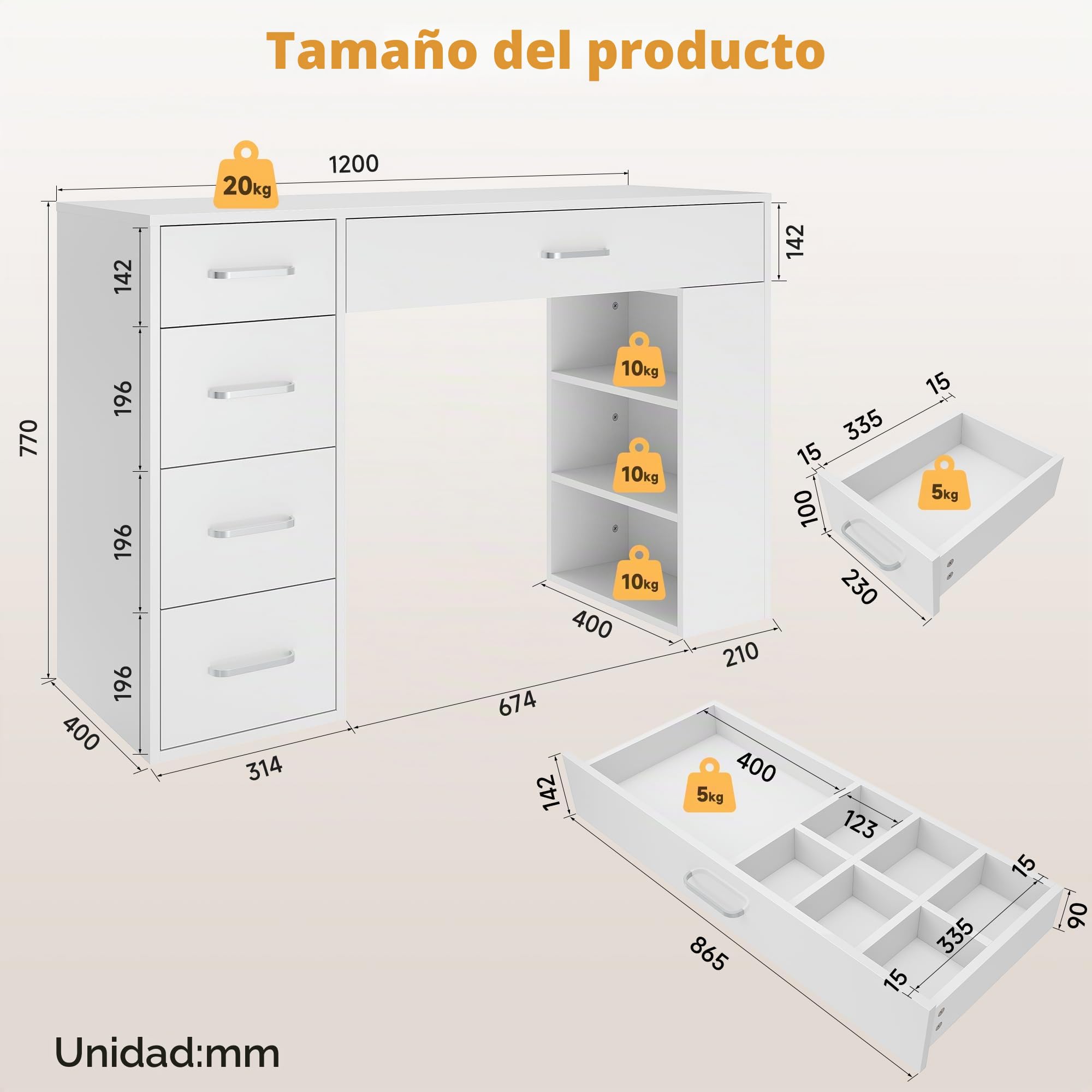 SONNI Escritorio, mesa de ordenador, mesa de oficina, tocador multifunción con 5 cajones y 3 compartimentos, mesa de trabajo moderna y escritorio infantil con espacio de almacenamiento, mesa, blanco