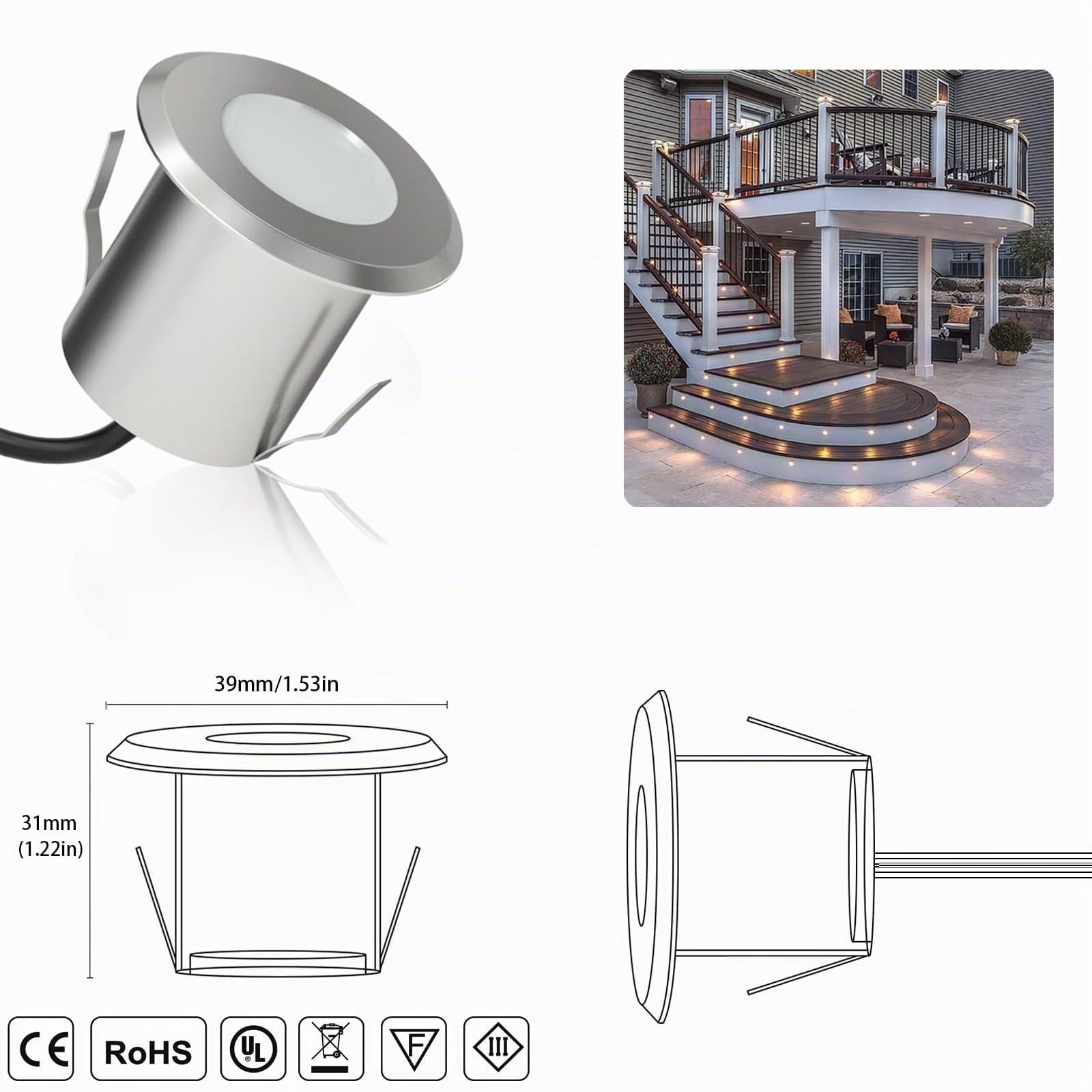 LED Bodeneinbaustrahler 10er Set Ø39mm 0,5W Terrassen Einbaustrahler Aussen 12V IP67 Wasserdicht Aluminium Terrassenstrahler Licht für Küche Garten Treppen Balkon Terrasse, Warmes Weiß