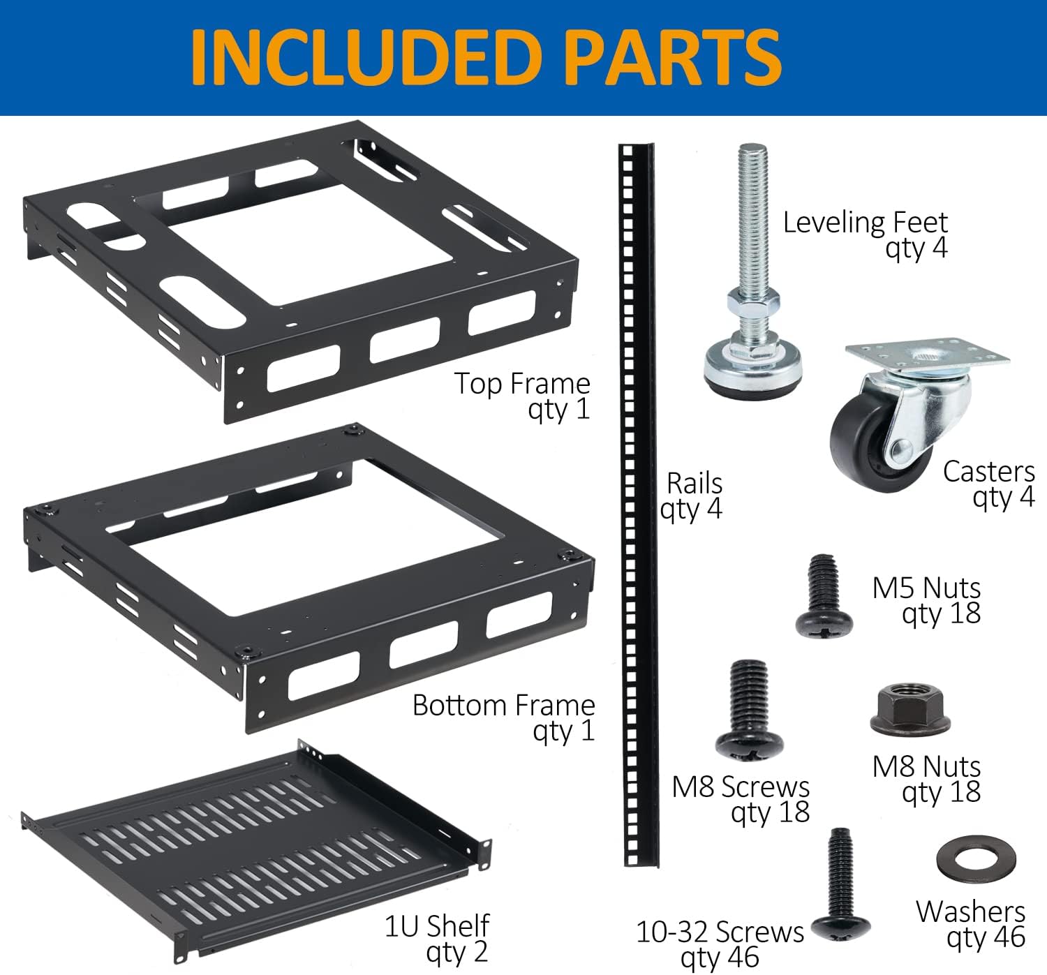 15U Open Frame Rack for Servers & AV Gear - Wall Mountable Design Includes 2X Vented Shelves, 4X Leveling Feet, 4X Casters