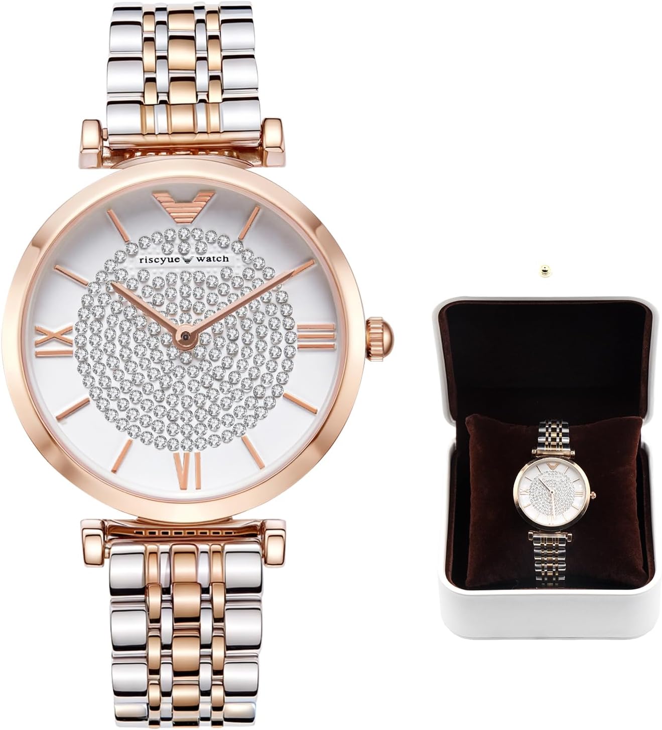 LEO RING Women's Luxury Crystal Diamond Watch - Big Face Round Dial with Roman Numerals, Two-Tone Stainless Steel Bracelet, Elegant Dress Quartz Wristwatch for Women