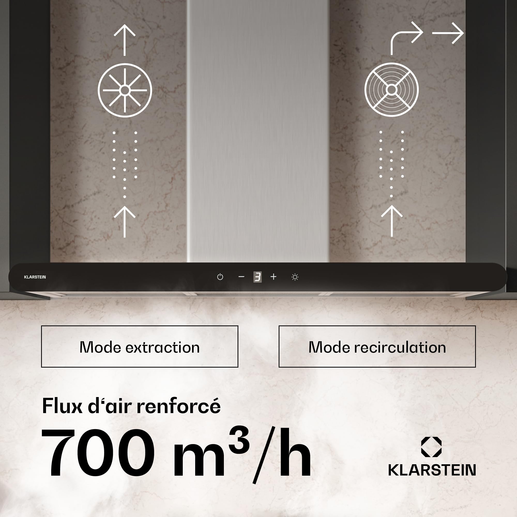 Klarstein CurveVent Hotte Murale - 90cm Hotte Aspirante, 676 m³/h, Éclairage LED, Tactile, A+ Énergie, Silencieuse 56 dB, Filtre à Charbon, Noir