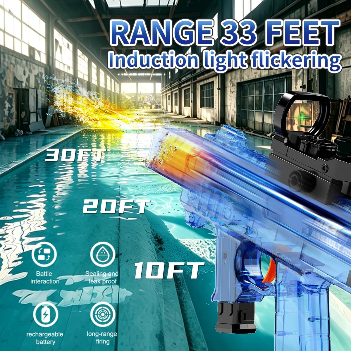 Electric Water Gun for Kids Adults, Automatic Water Blaster with LED Light-Up Nozzle, Long Range Powerful Motor, Large Capacity Tank, Blue Summer Pool Beach Outdoor Toys (Blue, Big 20in)