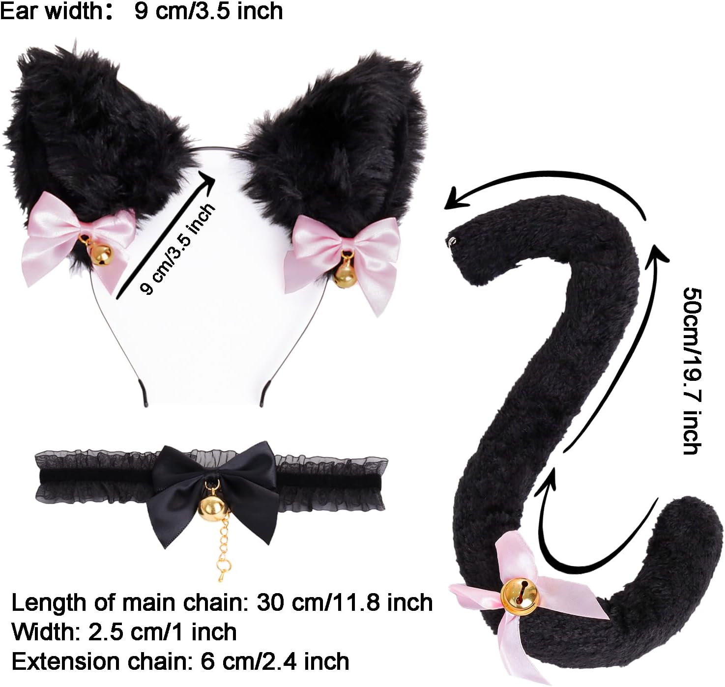 Fumwase Cat Ears and Tail Set with Bells 3PCS Cosplay Costume Set Cat Ears Headband Tail Choker for Women Adult
