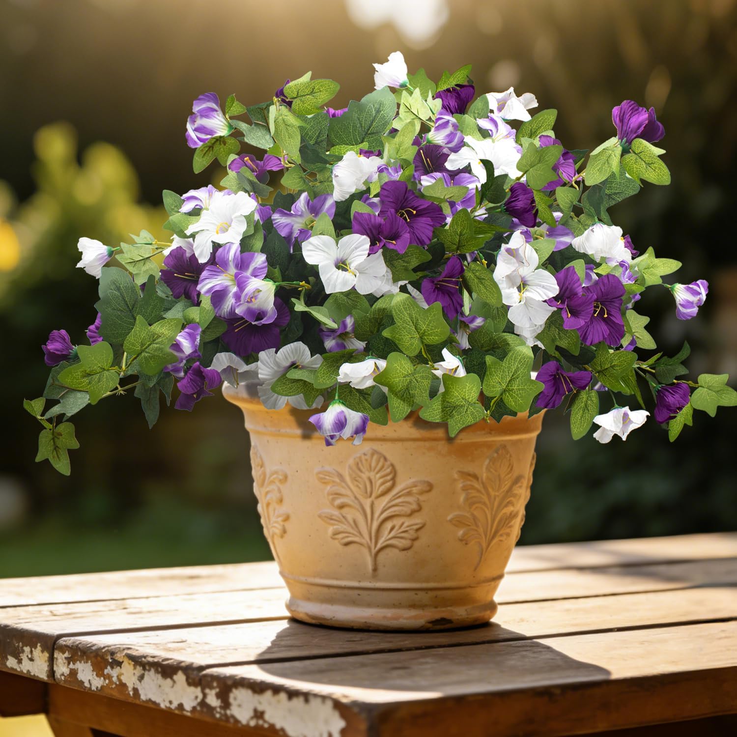 Grunyia Artificial Petunia Flowers - UV Resistant Realistic Faux Silk Petunias for Indoor Outdoor Garden Porch Balcony Yard Home Decor, Fade-Proof Fake Flower Arrangements (White+Purple)