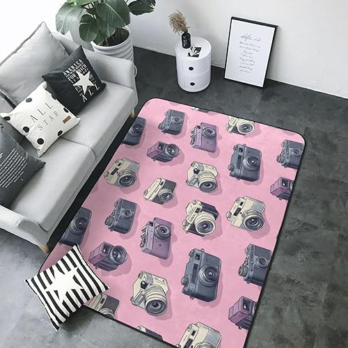 Retro Camera Pink Print Area Rugs for Living Room Bedroom, Soft Washable 5x7 Area Rugs Indoor Floor Rug, Non Slip Carpet for Bedroom Living Room