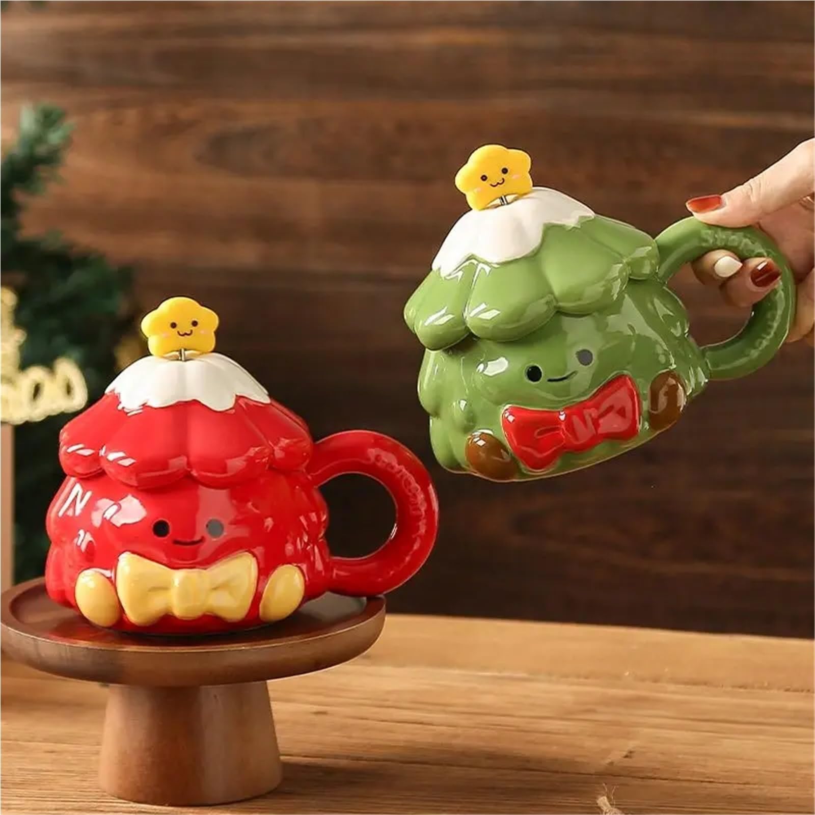 Taza de cerámica de árbol de Navidad, palito for mezclar, taza de pareja con tapa, recuerdo de cumpleaños de 420ml, 2 uds. Para Boda