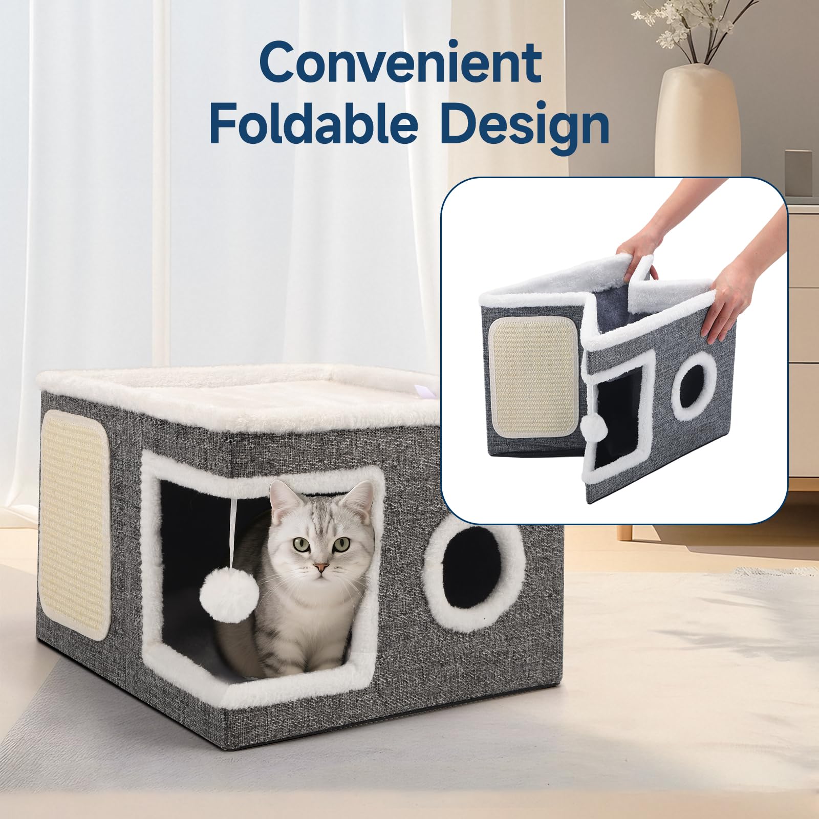 Faltbares Katzenhaus Indoor große Katzen, 43L x 43B x 32H cm Große Katzenhöhle mit Kratzbrett und Spielball, 2 Schicht Katzen würfel, Katzenhaus Höhle für kleine und mittlere Haustiere