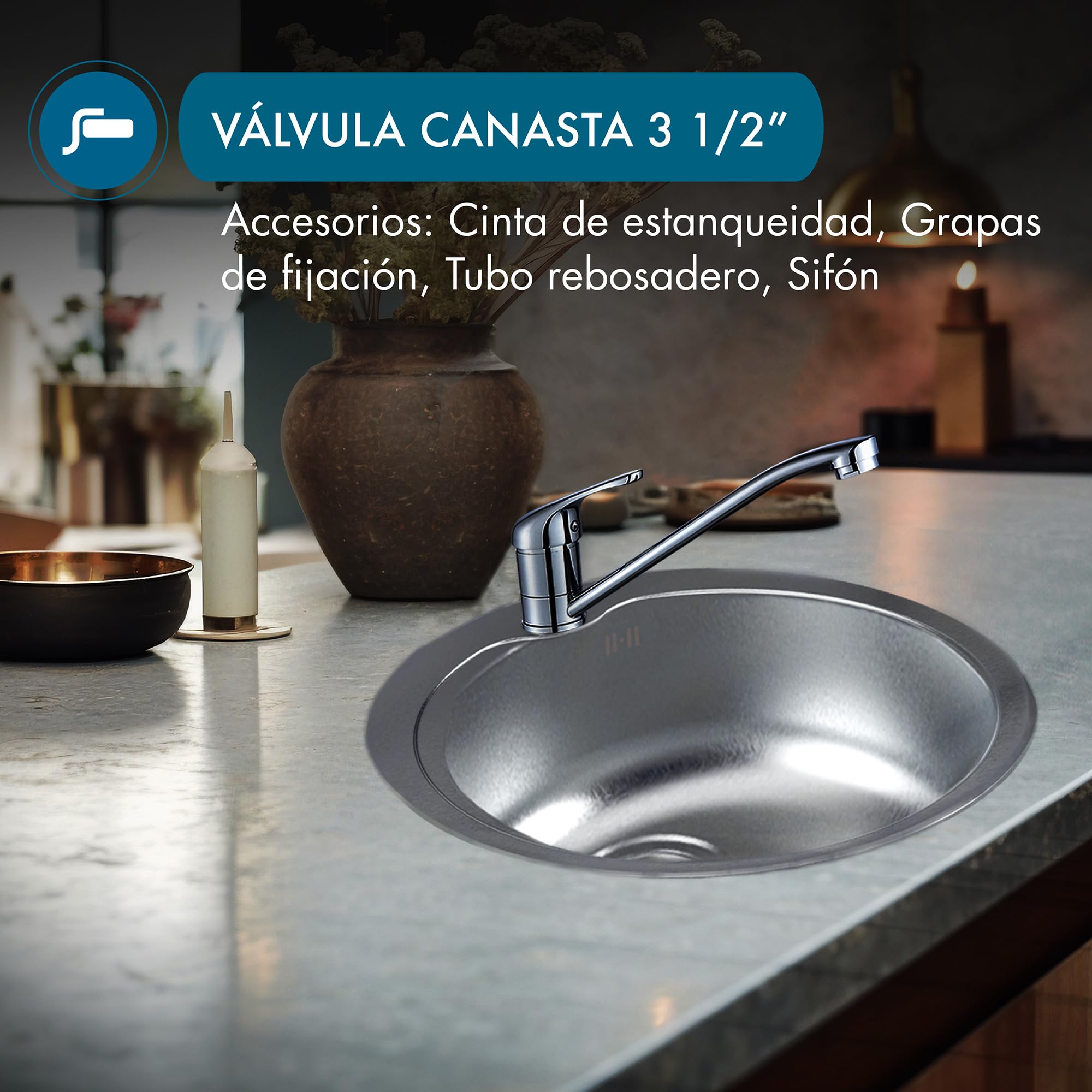 Fregadero Redondo Apelson ARC 38 Ø48,5 cm, Profundidad de 16 cm, Para Mueble de 45 cm, Incluye Sifón y Accesorios de Instalación, Acero Inoxidable