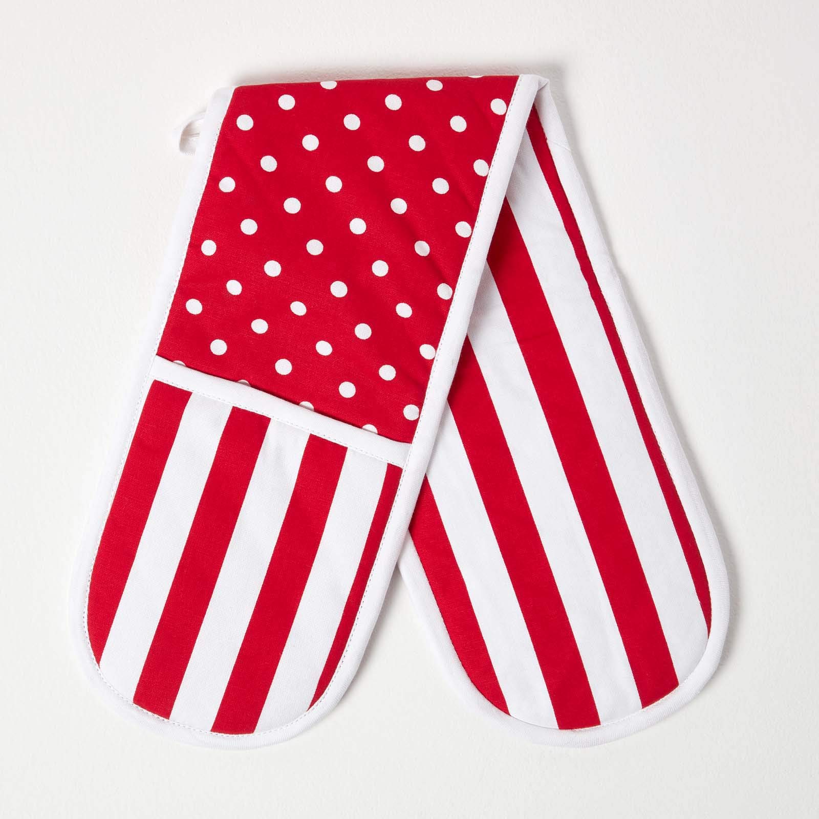 Homescapes Red - Pure Cotton Double Oven Glove - Dots -18 X 84 Cm - Fully Coordinated Washable Kitchen Linen