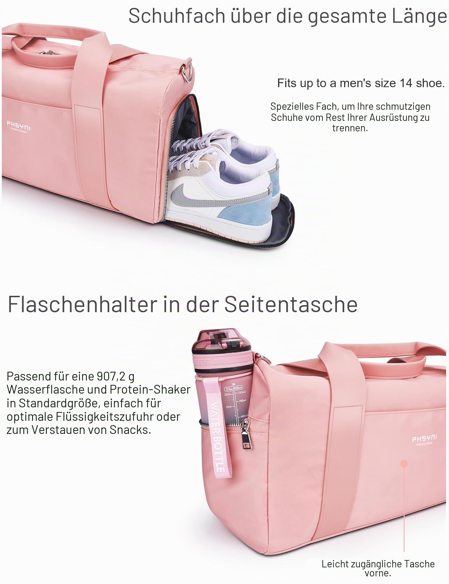 19 Zoll Sporttasche Reisetasche für Damen und Herren,wasserdichte Handgepäcktasche,Trainingstasche für Reisen Schwimmenmit Schuhfach und Nassfach,Griff aus PU Leder (Rosa,49x20x25 cm,25L)