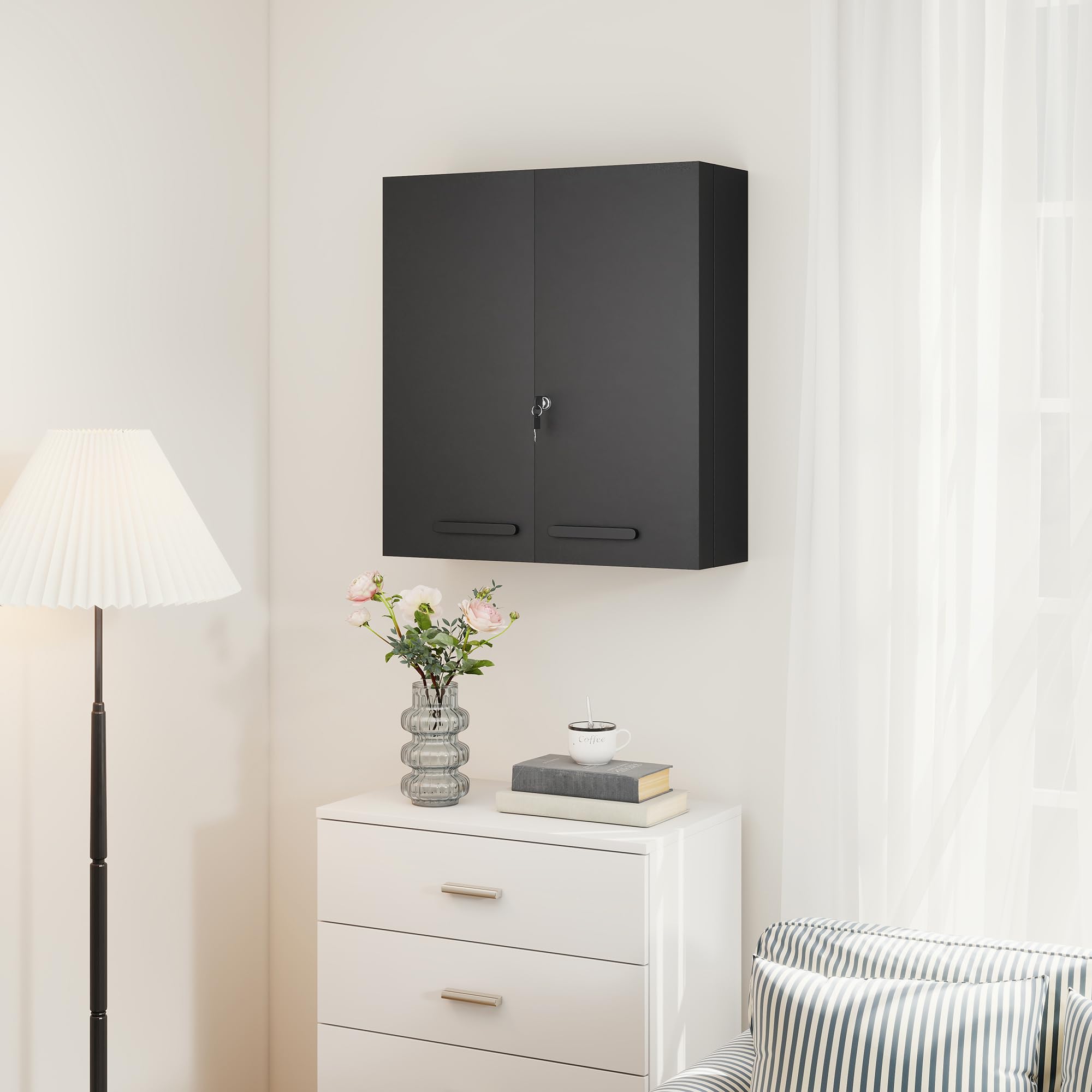 kleankin Armoire à Pharmacie Verrouillable 2 Portes 55x18x60cm Noir