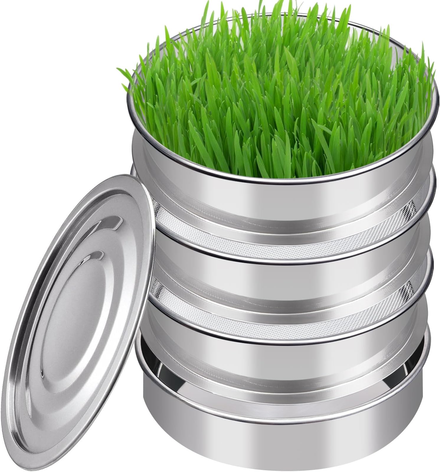 LanathelSprouts Growing Kit Stainless Steel, 4-Tier Stackable Microgreens Growing Kit with Base and Lid, Upgrade Mesh Sprouting Tray for Growing Fresh Broccoli/Bean Sprouts, Alfalfa, Wheat Grass