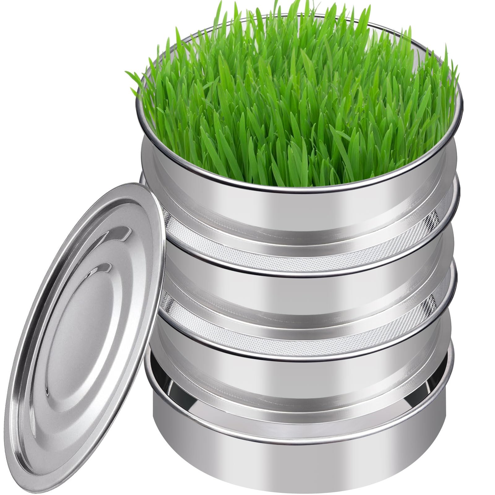 LanathelSprouts Growing Kit Stainless Steel, 4-Tier Stackable Microgreens Growing Kit with Base and Lid, Upgrade Mesh Sprouting Tray for Growing Fresh Broccoli/Bean Sprouts, Alfalfa, Wheat Grass